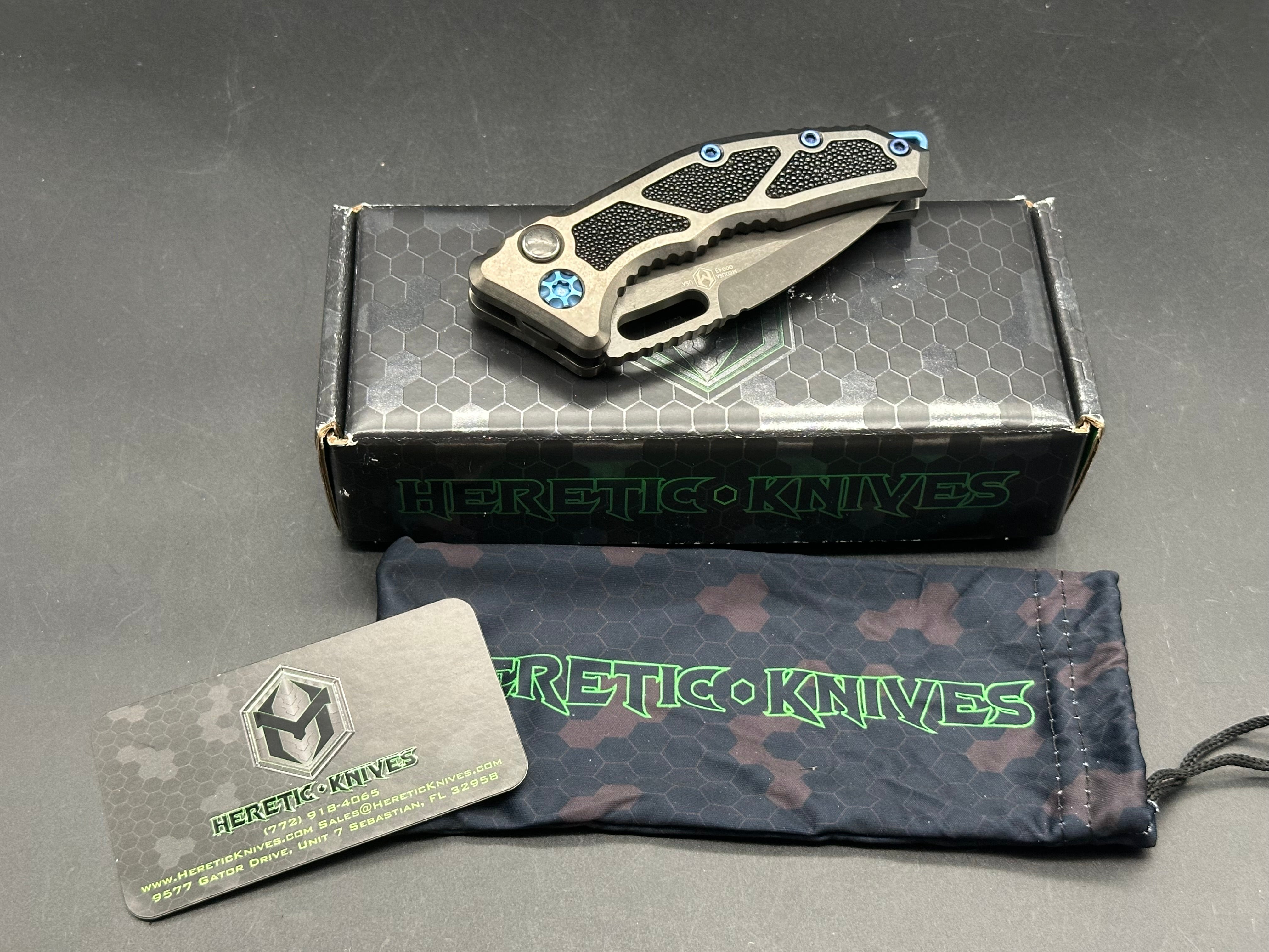 HERETIC KNIVES MEDUSA AUTO KNIFE DLC TITANIUM HANDLES WITH RAY SKIN INLAY- TANTO EDGE BATTLEWORN DLC BLADE