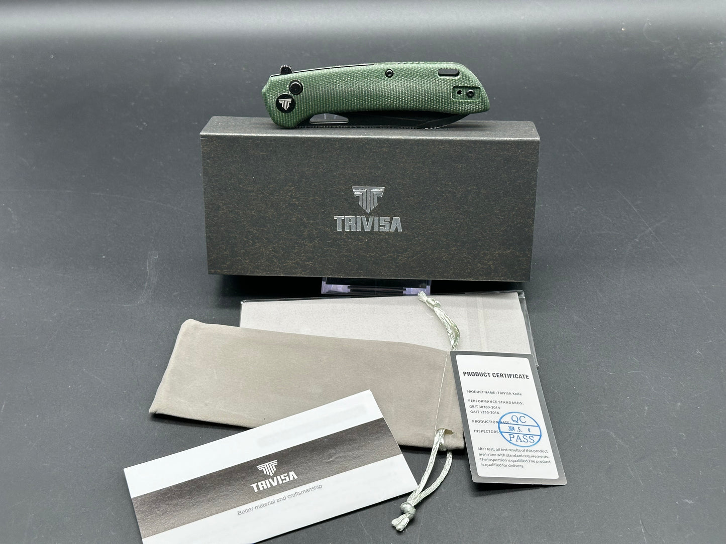 TRIVISA ARIES BUTTON LOCK FOLDING KNIFE GREEN MICARTA HANDLE 14C28N SHEEPSFOOT PLAIN EDGE