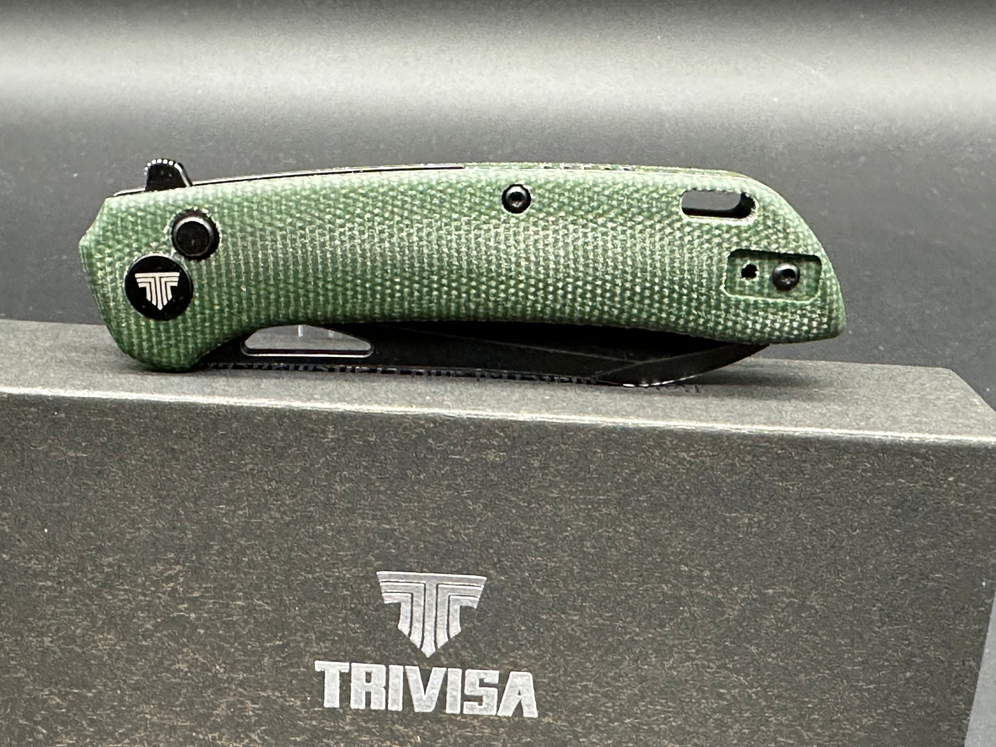 TRIVISA ARIES BUTTON LOCK FOLDING KNIFE GREEN MICARTA HANDLE 14C28N SHEEPSFOOT PLAIN EDGE