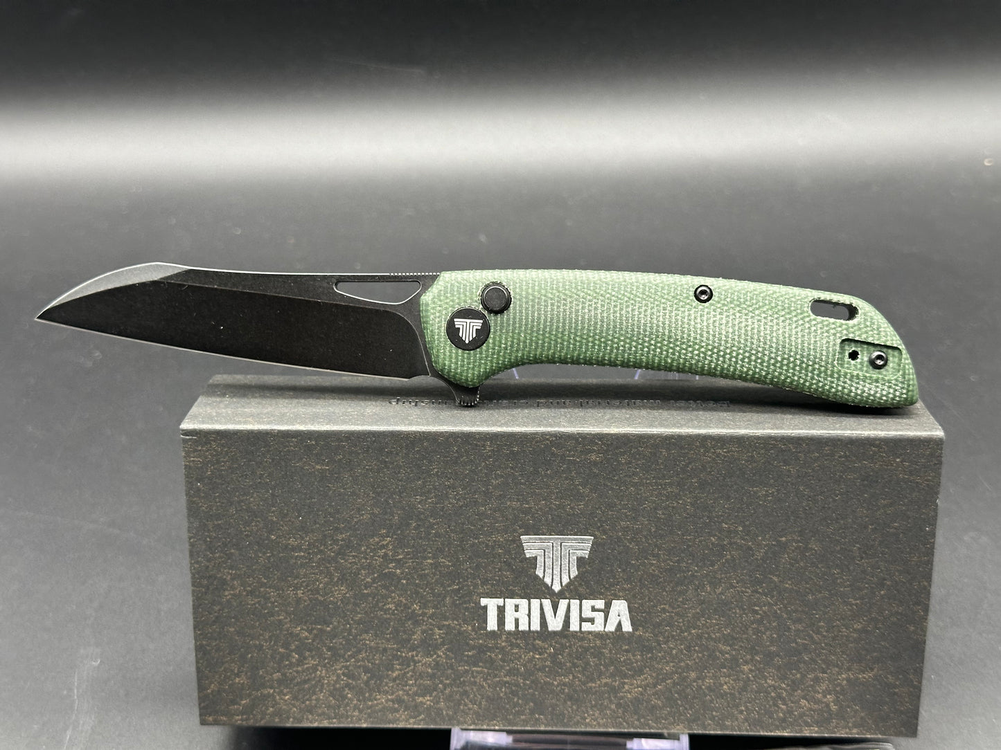 TRIVISA ARIES BUTTON LOCK FOLDING KNIFE GREEN MICARTA HANDLE 14C28N SHEEPSFOOT PLAIN EDGE