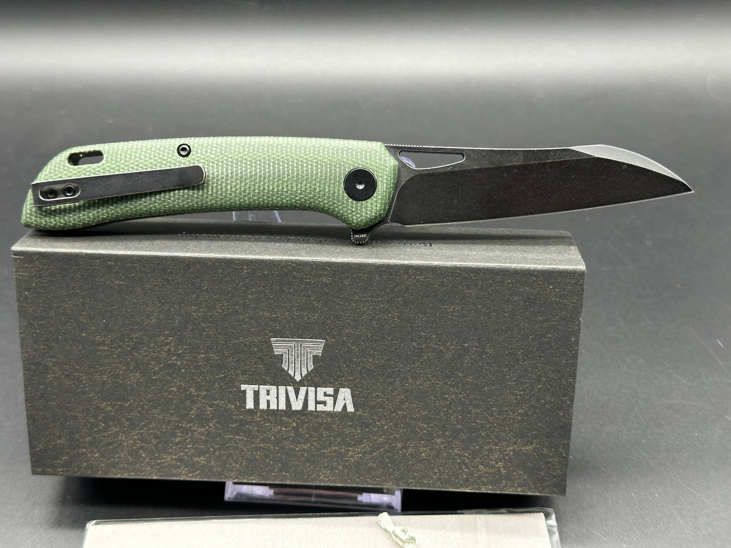 TRIVISA ARIES BUTTON LOCK FOLDING KNIFE GREEN MICARTA HANDLE 14C28N SHEEPSFOOT PLAIN EDGE