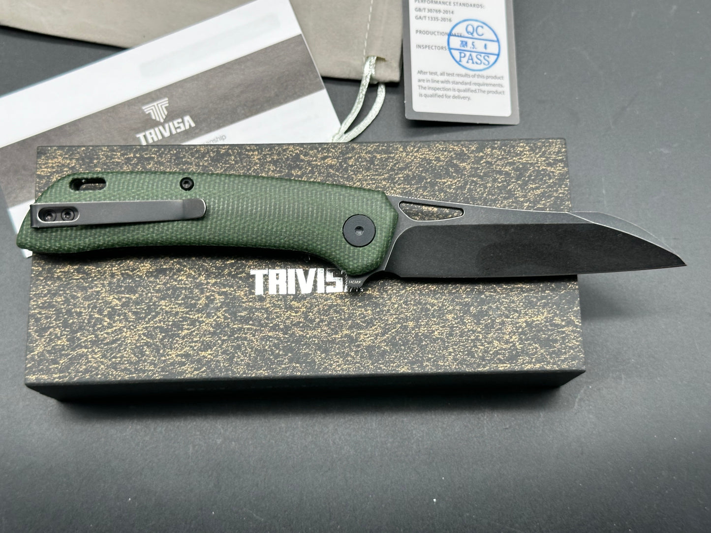 TRIVISA ARIES BUTTON LOCK FOLDING KNIFE GREEN MICARTA HANDLE 14C28N SHEEPSFOOT PLAIN EDGE