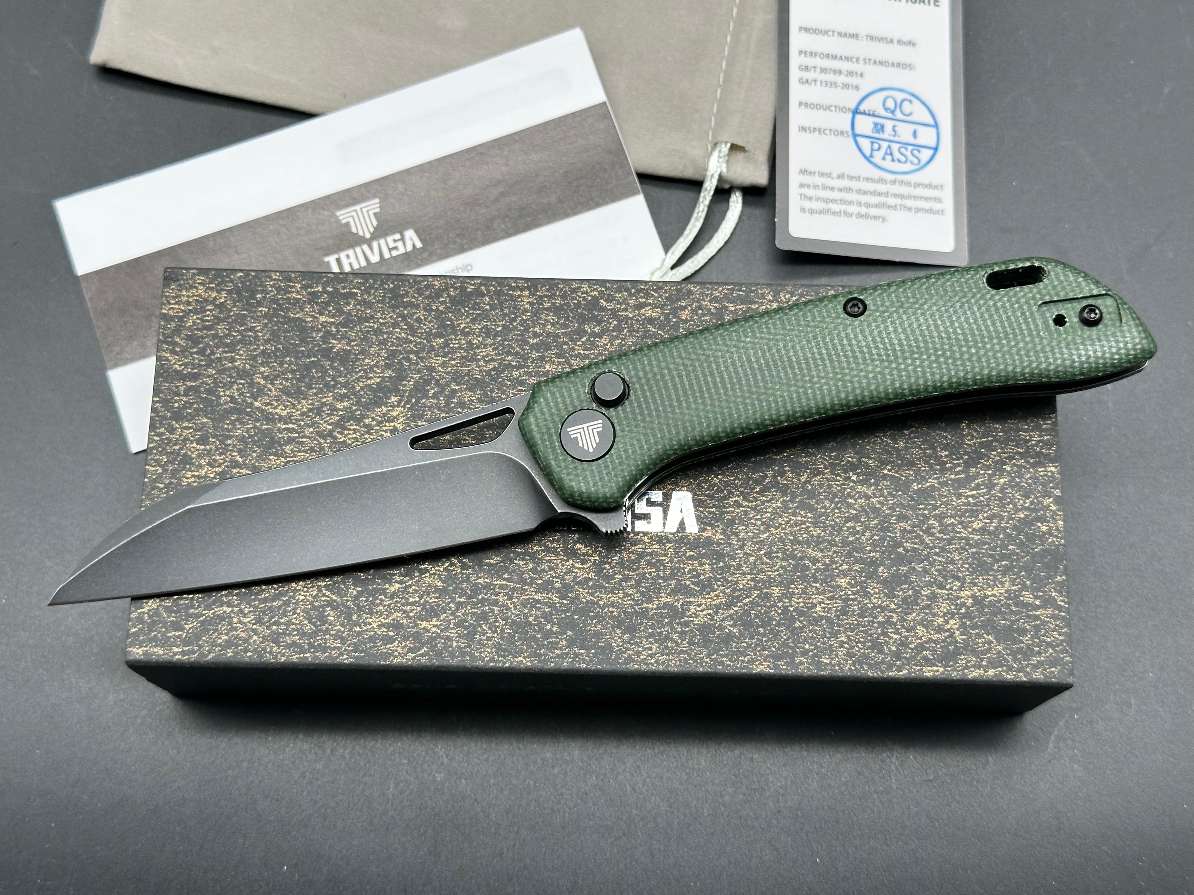 TRIVISA ARIES BUTTON LOCK FOLDING KNIFE GREEN MICARTA HANDLE 14C28N SHEEPSFOOT PLAIN EDGE