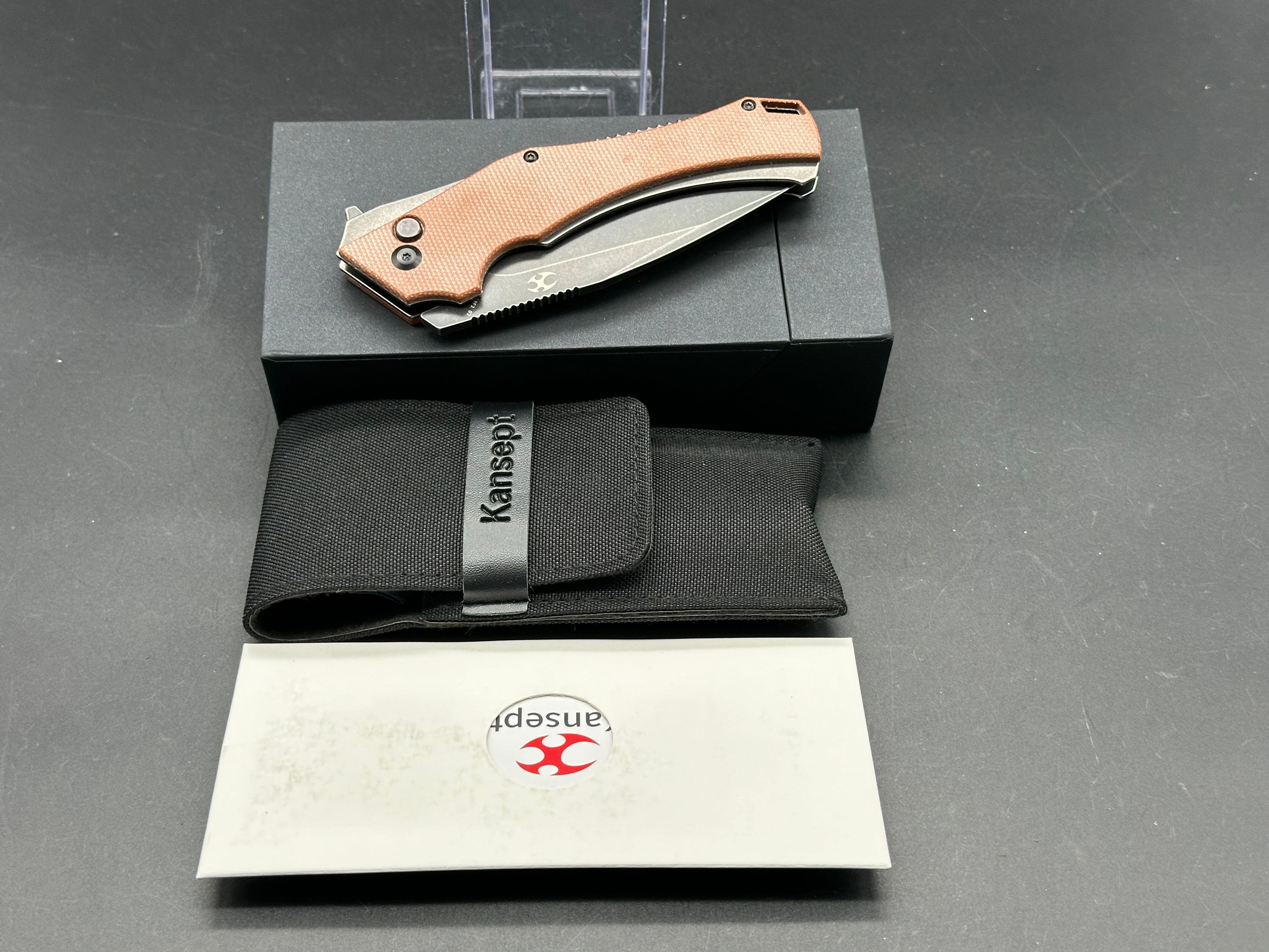 Kansept Knives Hellx Drop Point Liner Lock Knife Brown Micarta (3.6" Black SW)