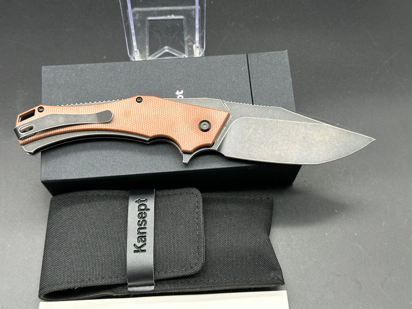 Kansept Knives Hellx Drop Point Liner Lock Knife Brown Micarta (3.6" Black SW)