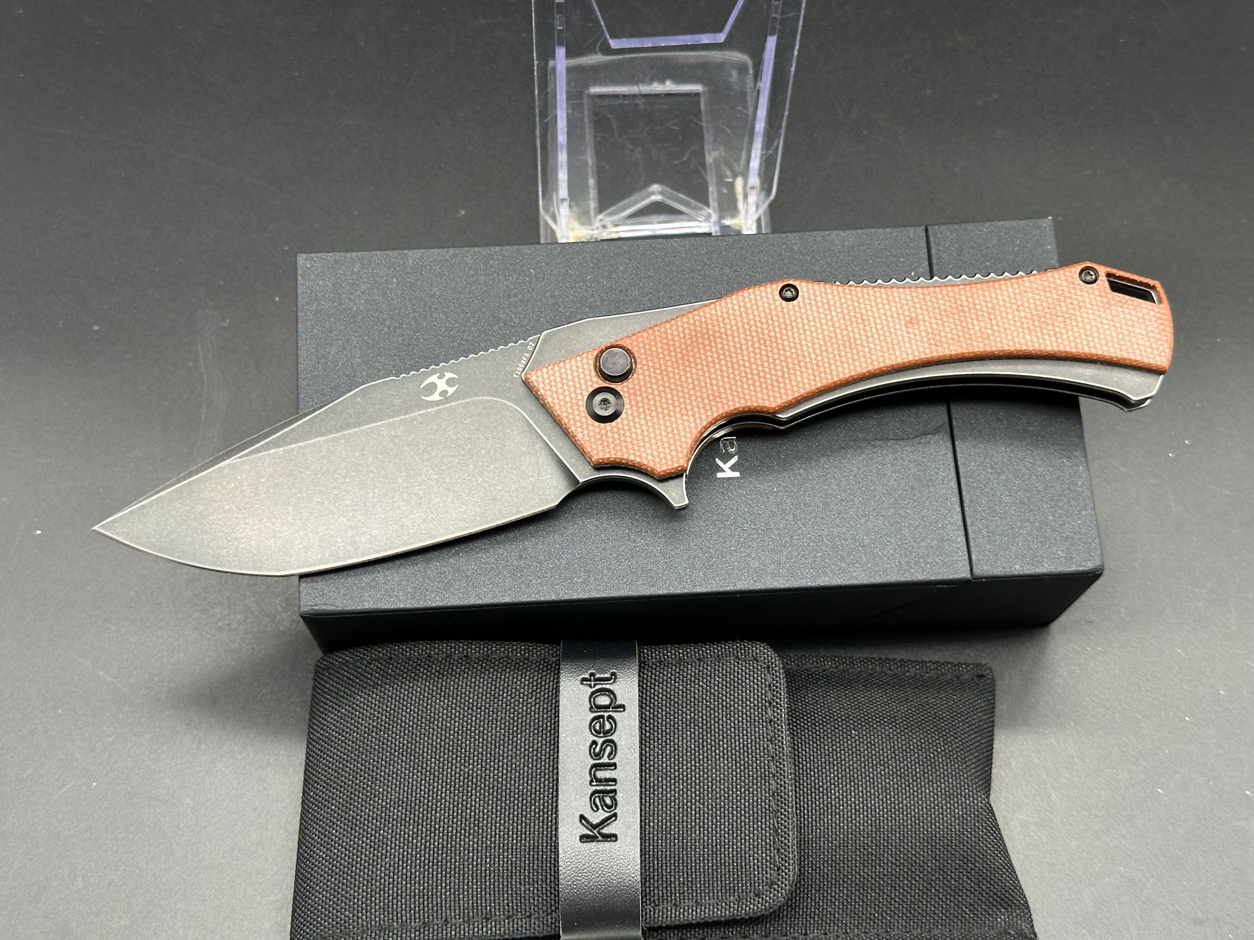 Kansept Knives Hellx Drop Point Liner Lock Knife Brown Micarta (3.6" Black SW)