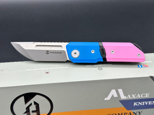 MAXACE CAPSULE POCKET KNIFE PINK & BLUE G10 HANDLE FRONT FLIPPER