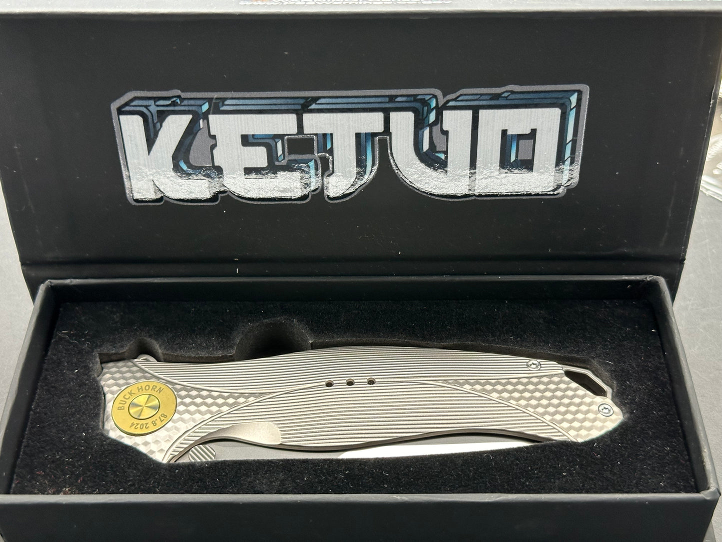 Karbon Knives Ken Onion Ketuo Buckhorn Frame Lock Knife Titanium (4" Bead Blast)