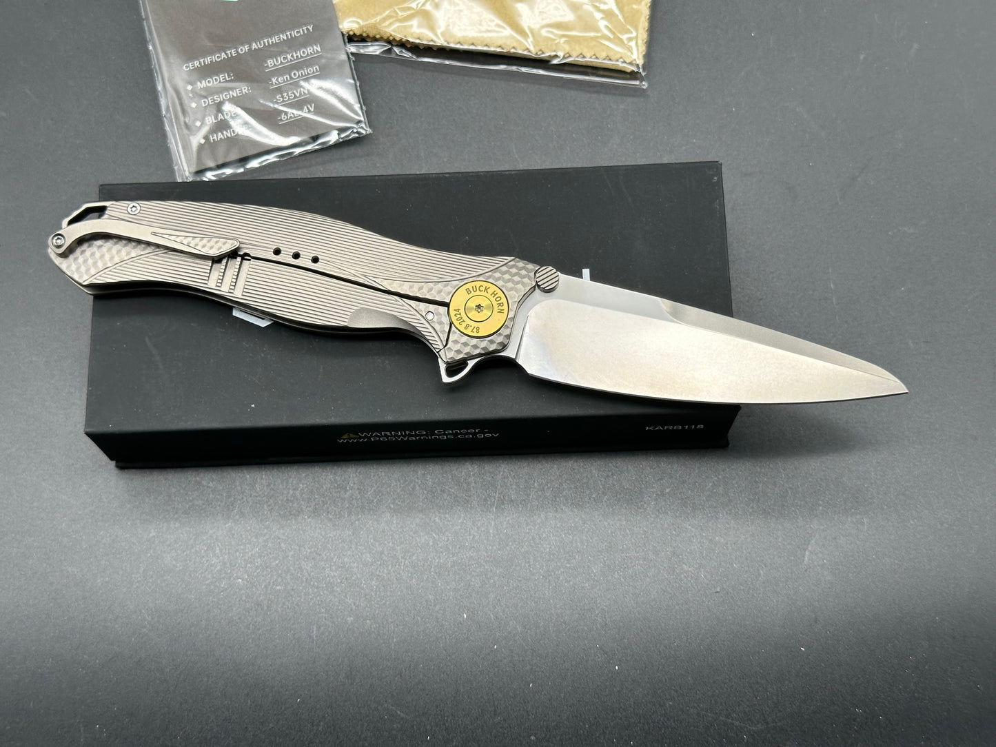 Karbon Knives Ken Onion Ketuo Buckhorn Frame Lock Knife Titanium (4" Bead Blast)