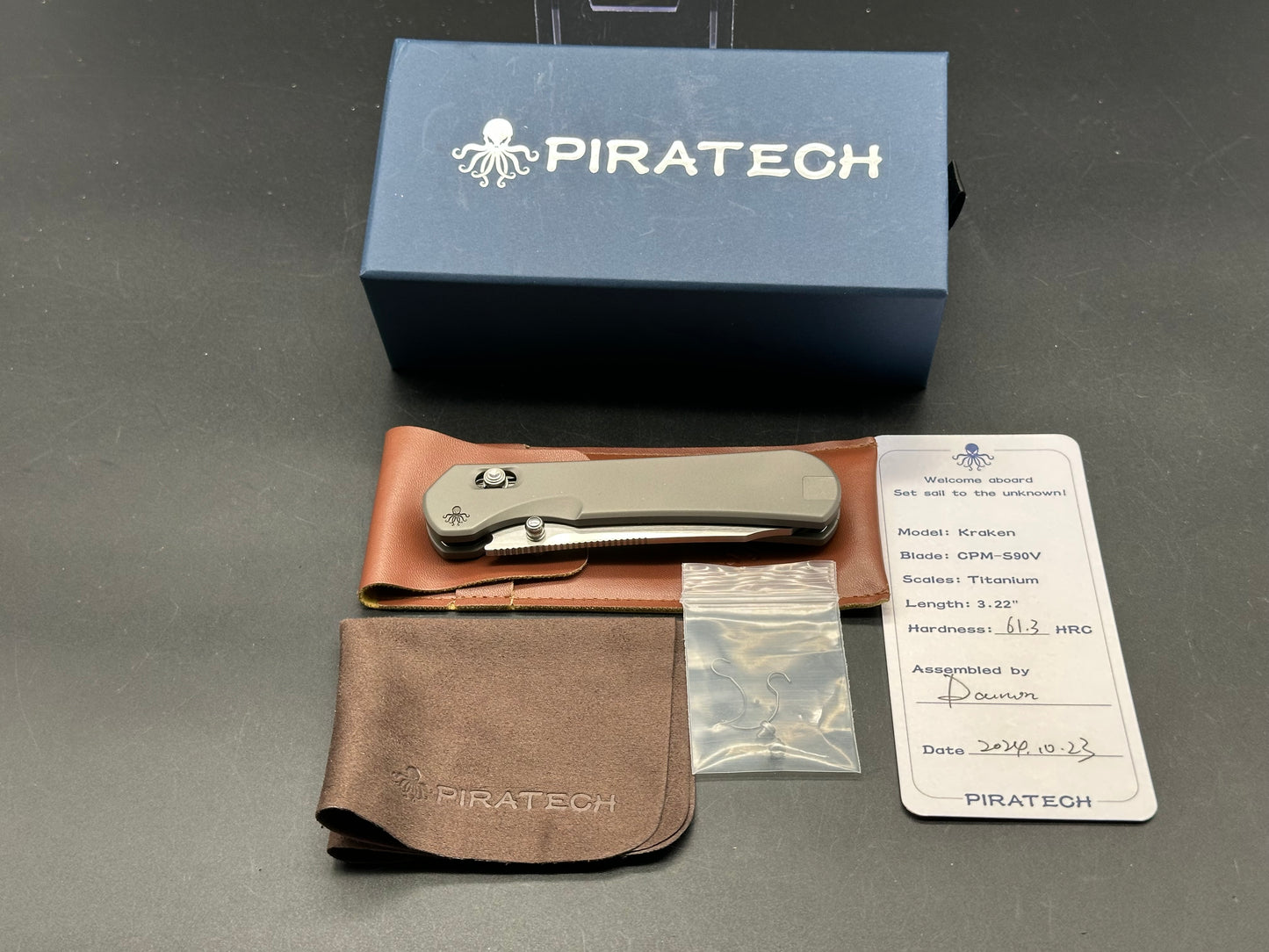 PIRATECH KRAKEN FOLDING KNIFE GRAY TITANIUM HANDLE S90V SHEEPSFOOT PLAIN EDGE