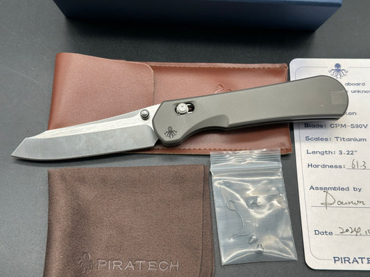 PIRATECH KRAKEN FOLDING KNIFE GRAY TITANIUM HANDLE S90V SHEEPSFOOT PLAIN EDGE