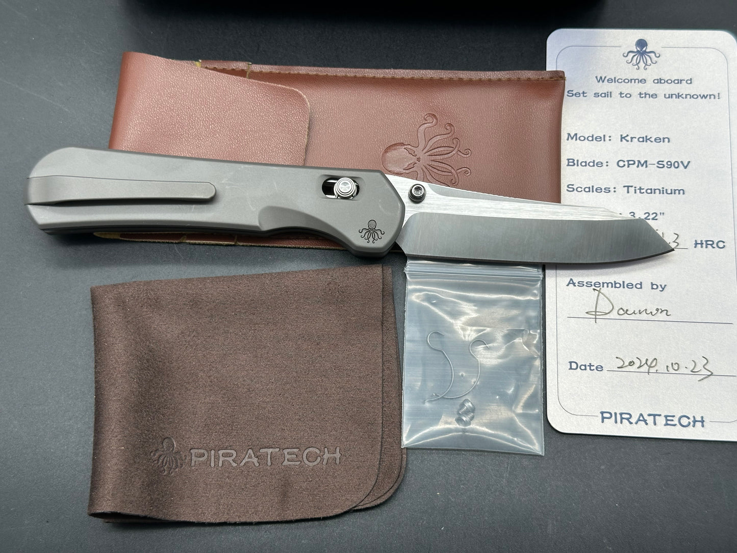 PIRATECH KRAKEN FOLDING KNIFE GRAY TITANIUM HANDLE S90V SHEEPSFOOT PLAIN EDGE