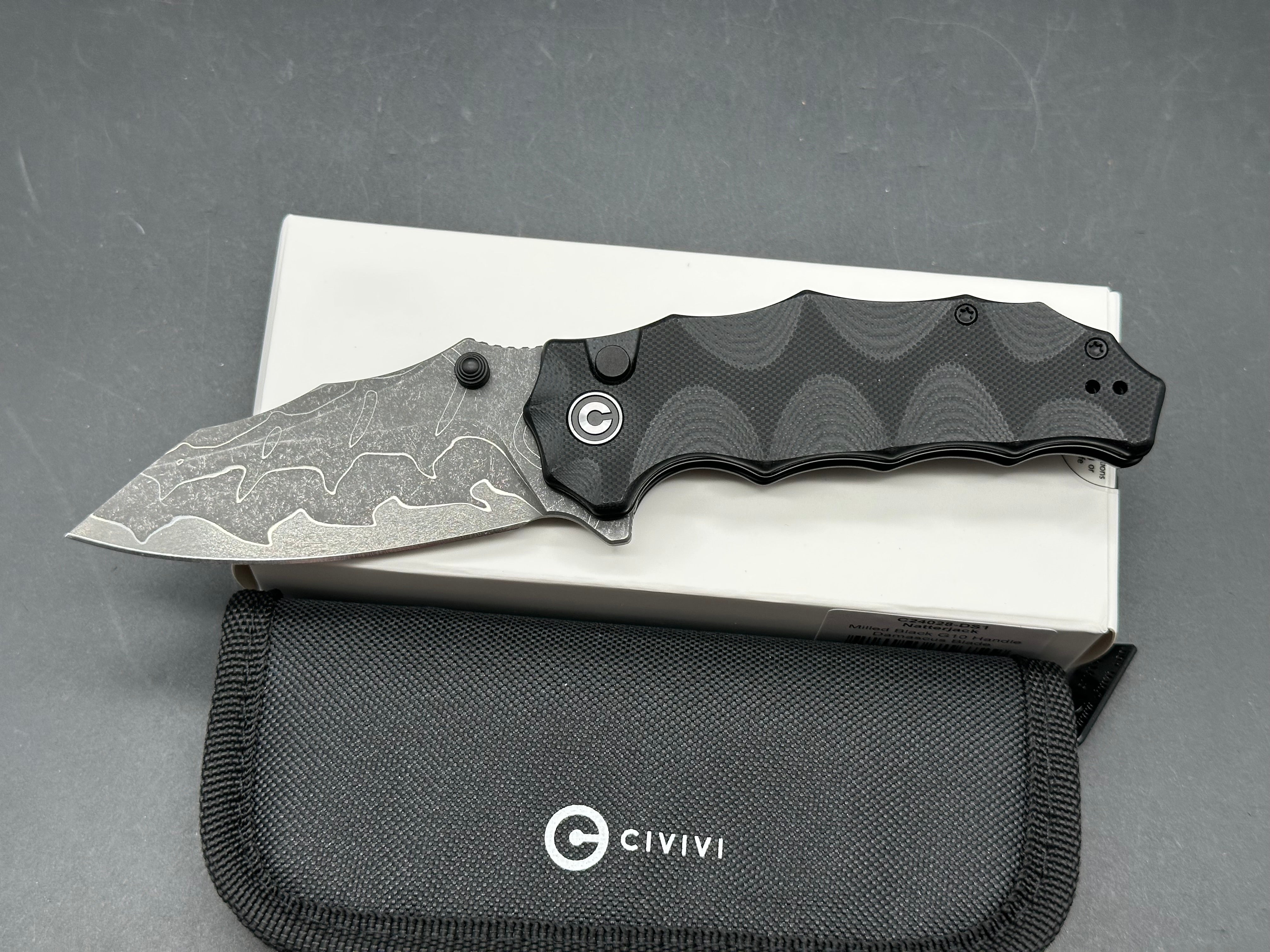 CIVIVI NATTERJACK FOLDING KNIFE MILLED BLACK G10 HANDLE DAMASCUS PLAIN EDGE