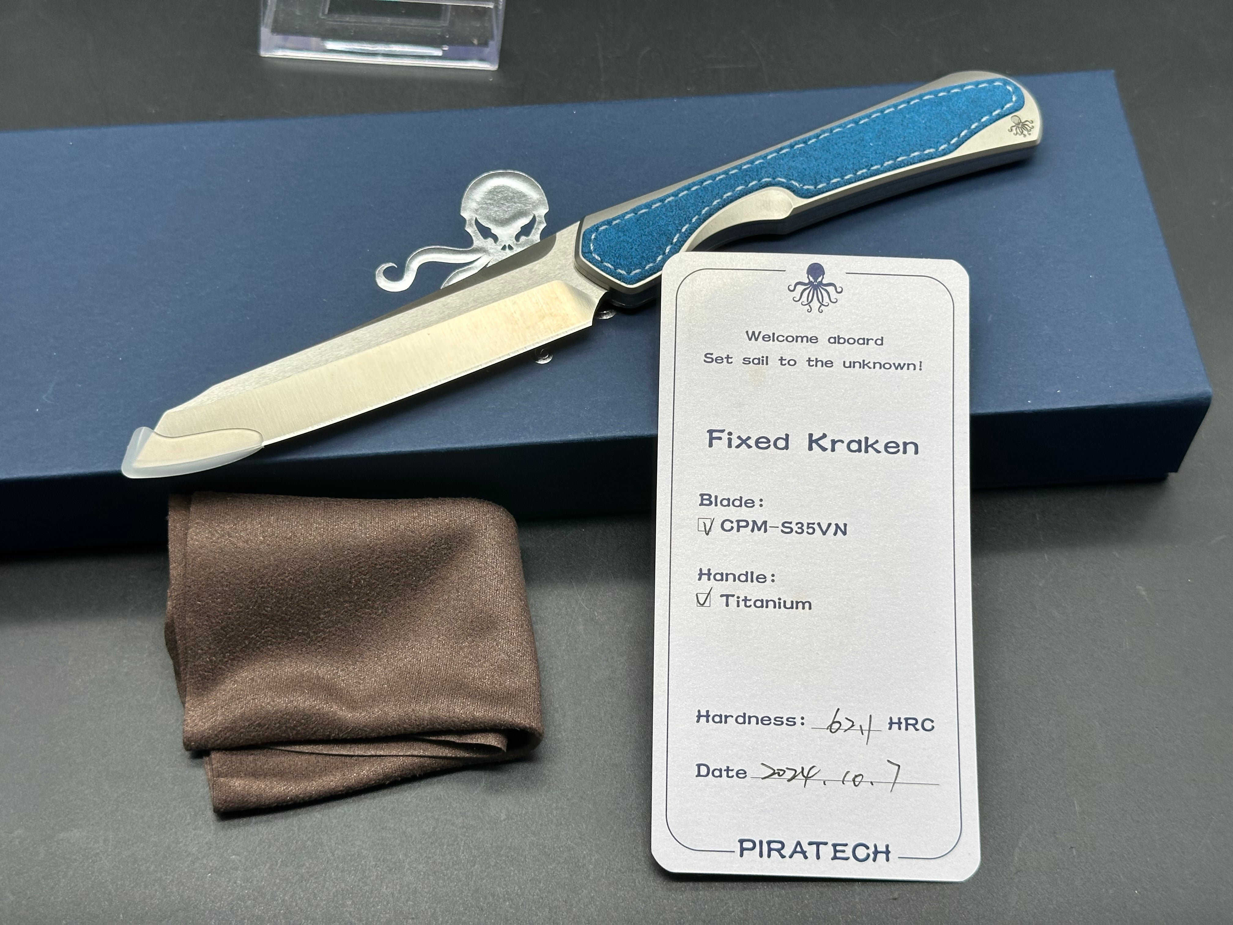 PIRATECH KRAKEN FIXED BLADE KNIFE BLUE TITANIUM HANDLE S35VN SHEEPSFOOT PLAIN EDGE