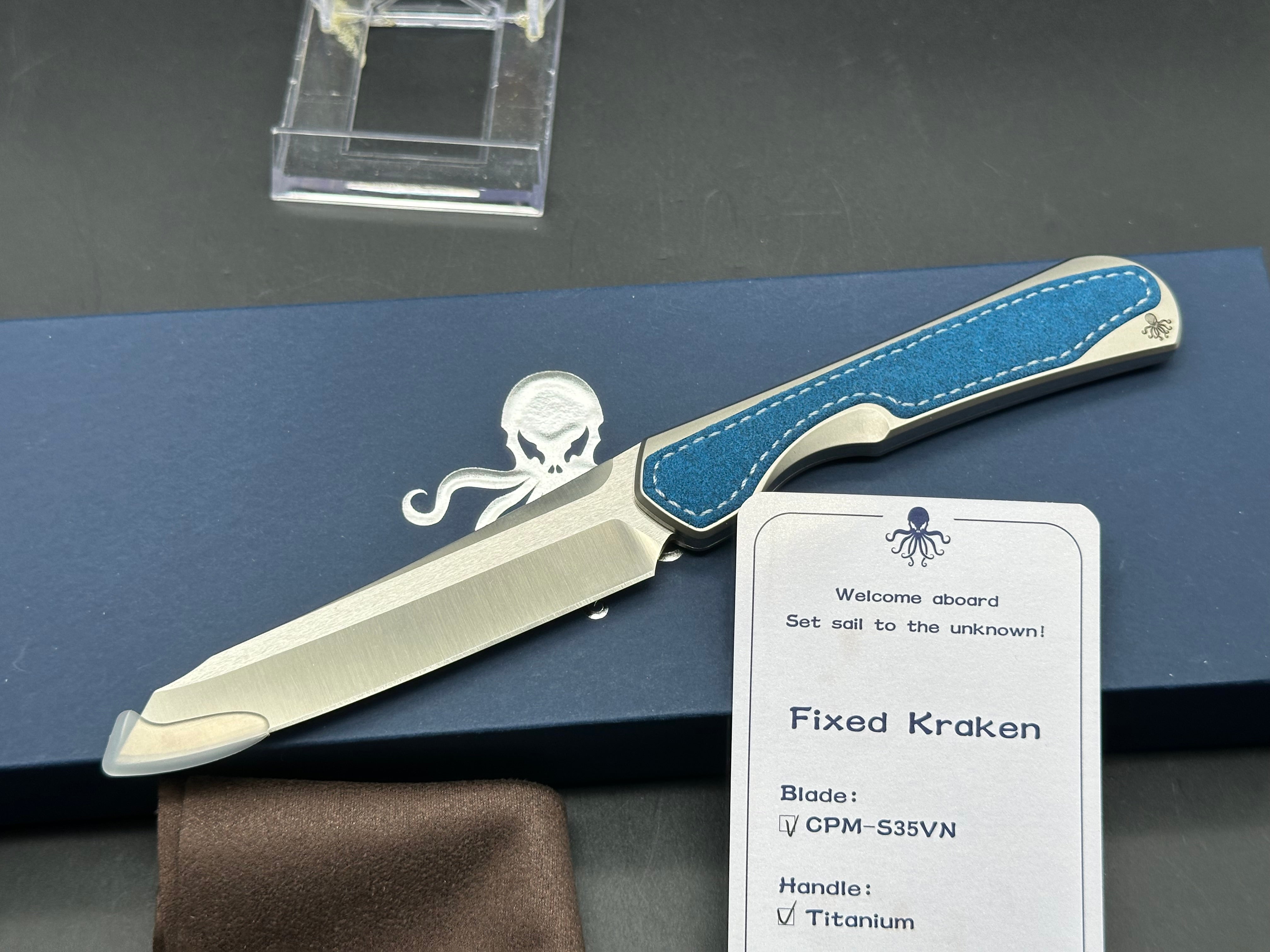 PIRATECH KRAKEN FIXED BLADE KNIFE BLUE TITANIUM HANDLE S35VN SHEEPSFOOT PLAIN EDGE