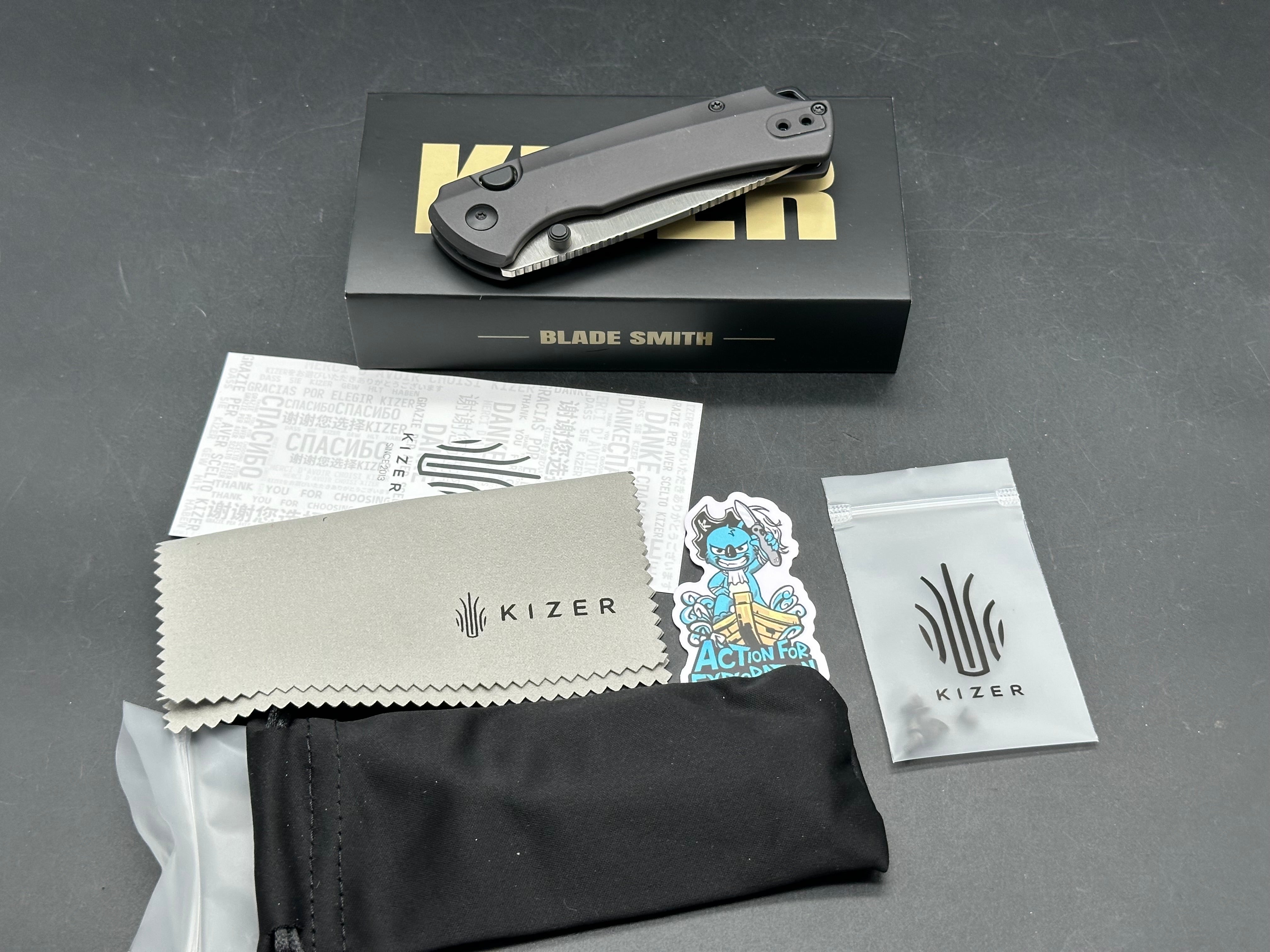 KIZER T1 BD FOLDING KNIFE GRAY ALUMINUM HANDLE ELMAX DROP POINT PLAIN EDGE SATIN FINISH