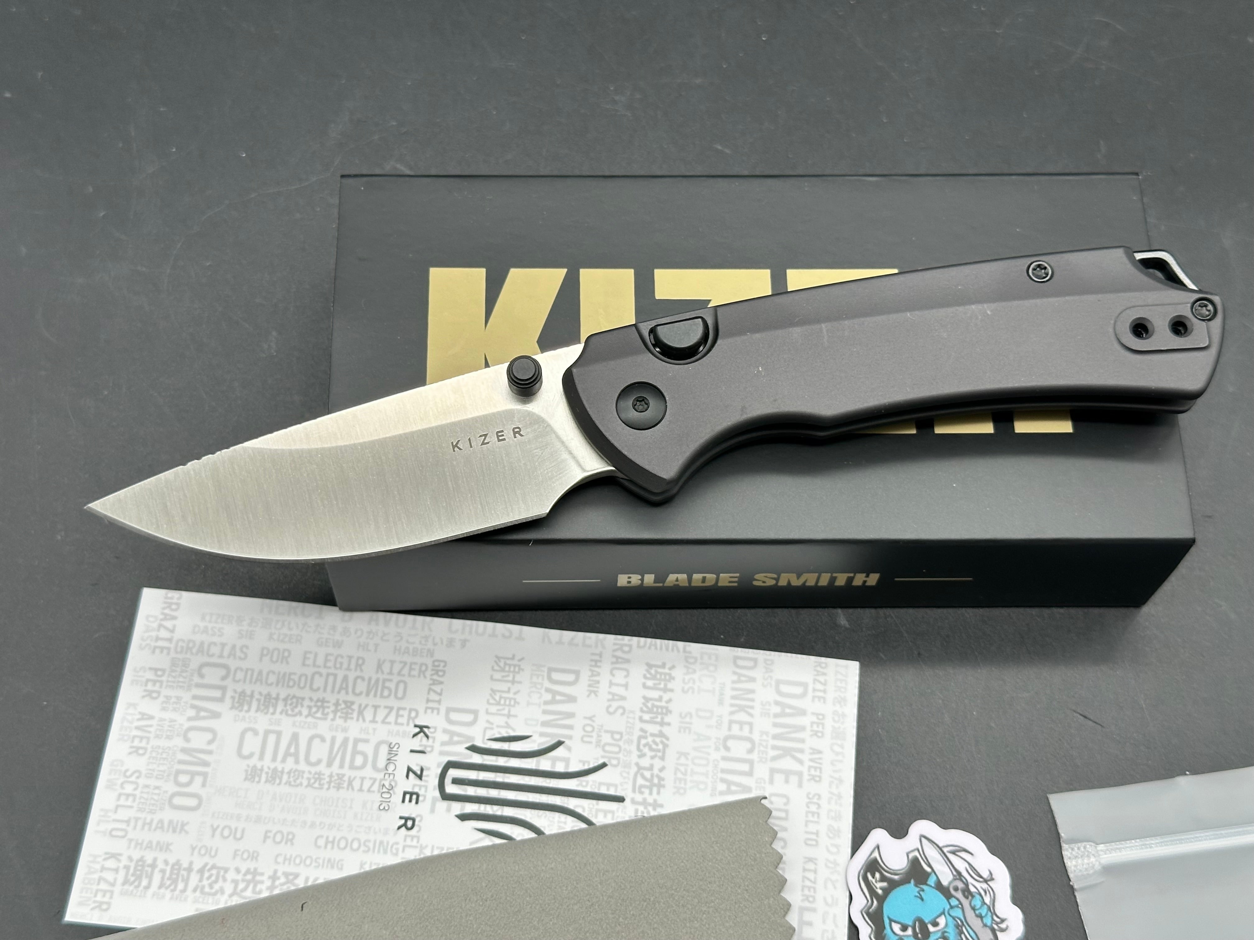 KIZER T1 BD FOLDING KNIFE GRAY ALUMINUM HANDLE ELMAX DROP POINT PLAIN EDGE SATIN FINISH
