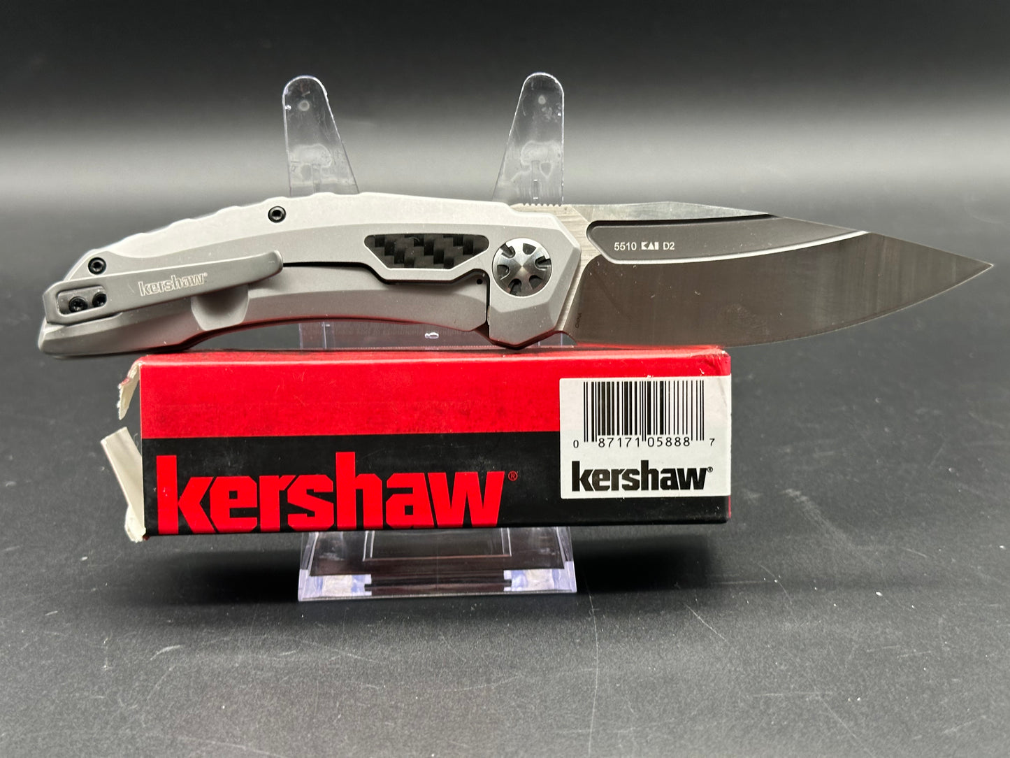 KERSHAW NORAD FRAME LOCK FLIPPER KNIFE STAINLESS W/ CF HANDLE PLAIN D2 BLADE