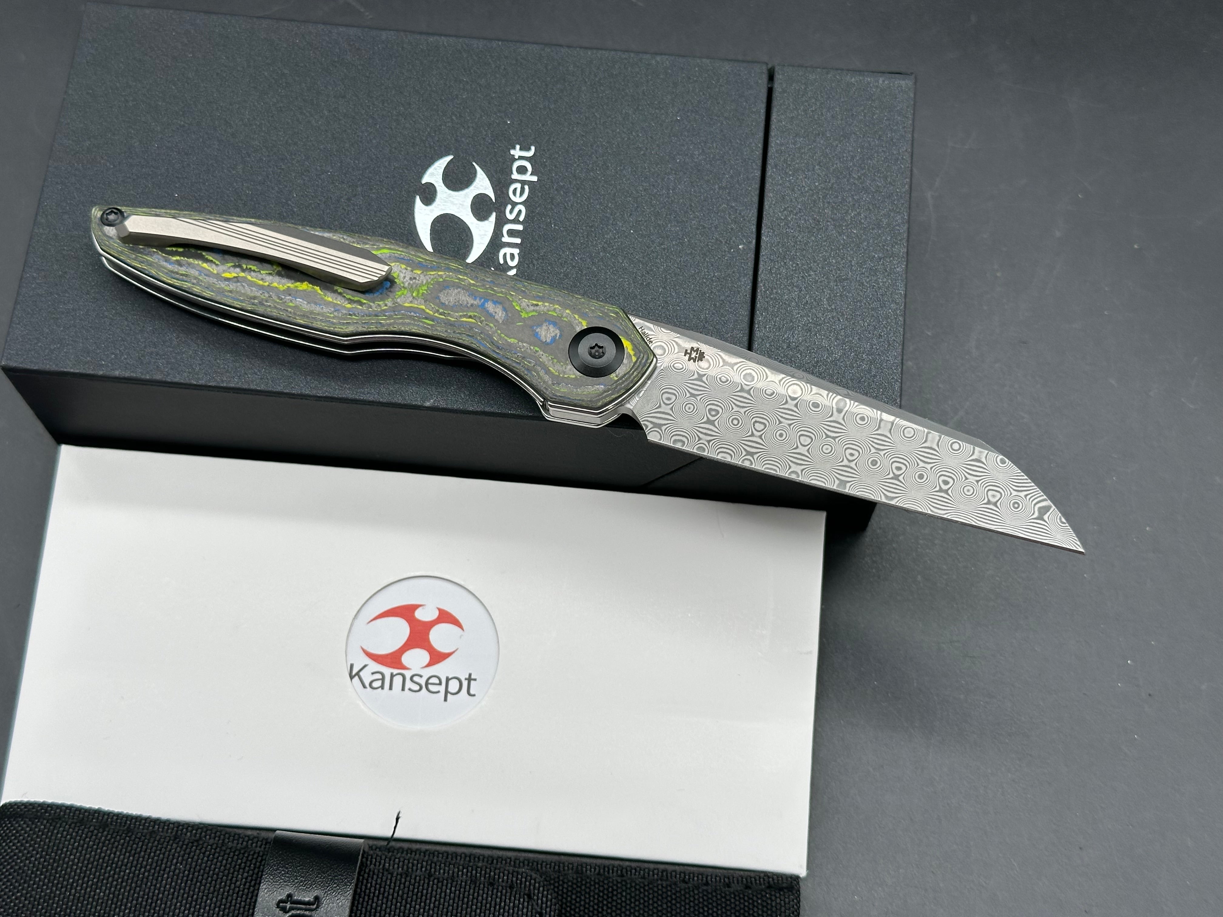 KANSEPT HALIDE FOLDING KNIFE GECKO CAMO CARBON HANDLE DAMASCUS PLAIN EDGE