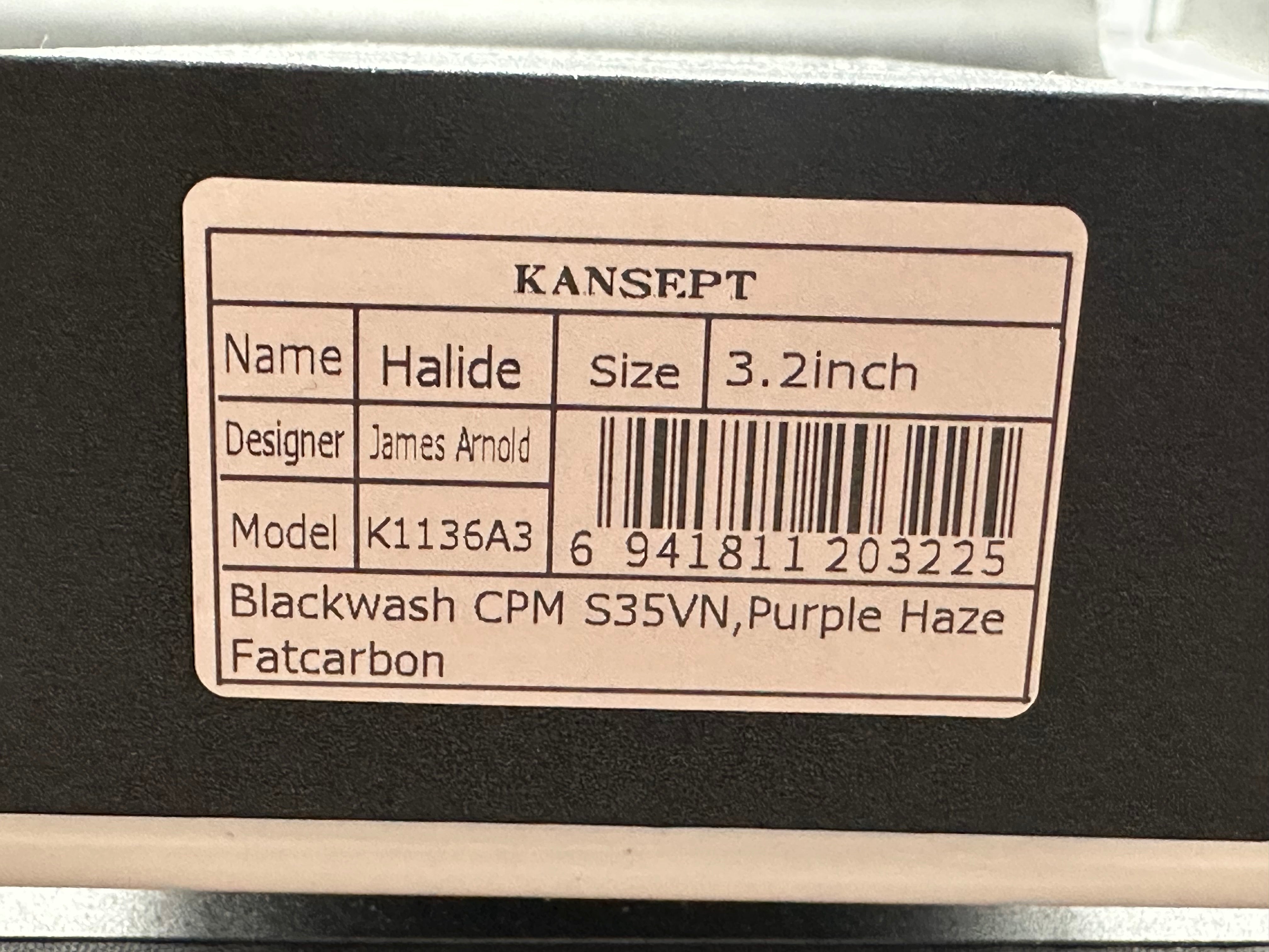 KANSEPT HALIDE FOLDING KNIFE PURPLE HAZE FATCARBON HANDLE S35VN PLAIN EDGE BLACKWASH FINISH