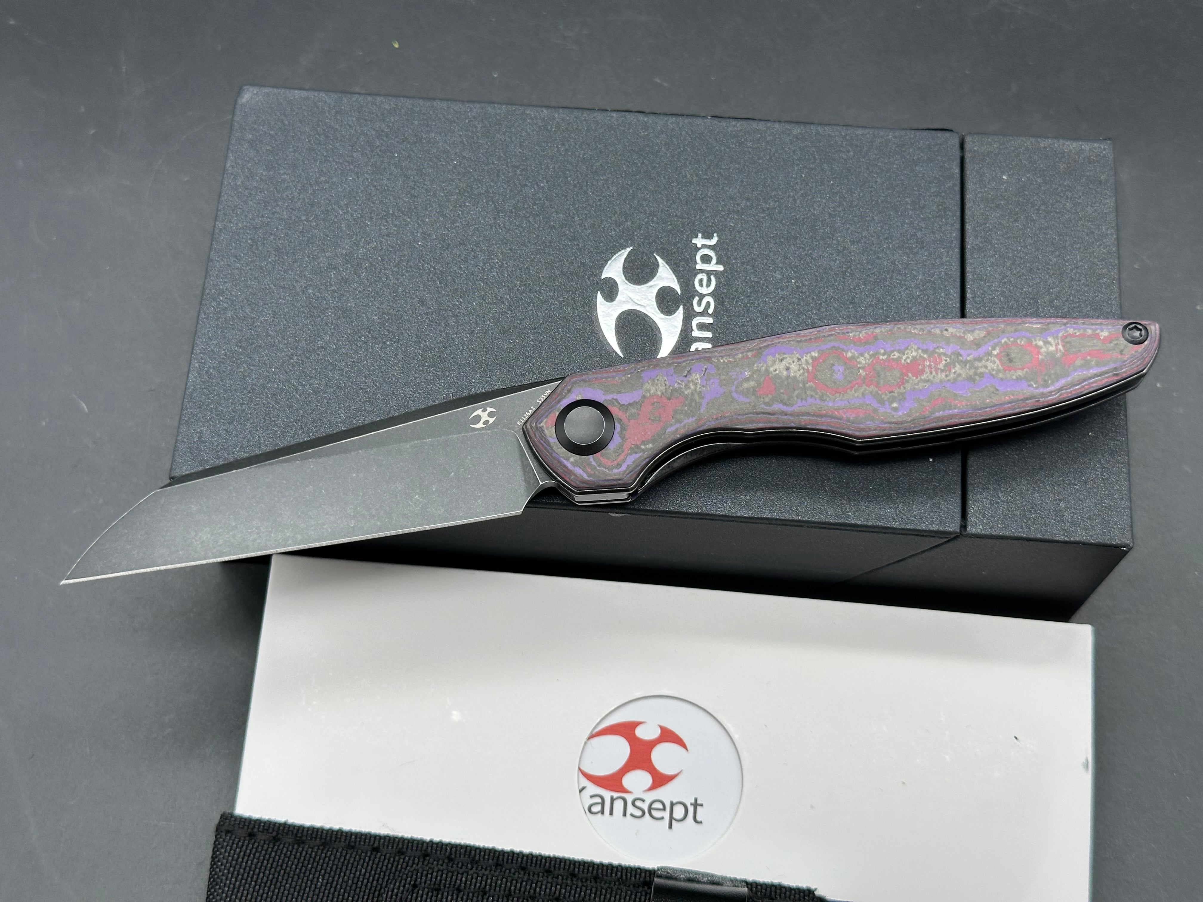KANSEPT HALIDE FOLDING KNIFE PURPLE HAZE FATCARBON HANDLE S35VN PLAIN EDGE BLACKWASH FINISH