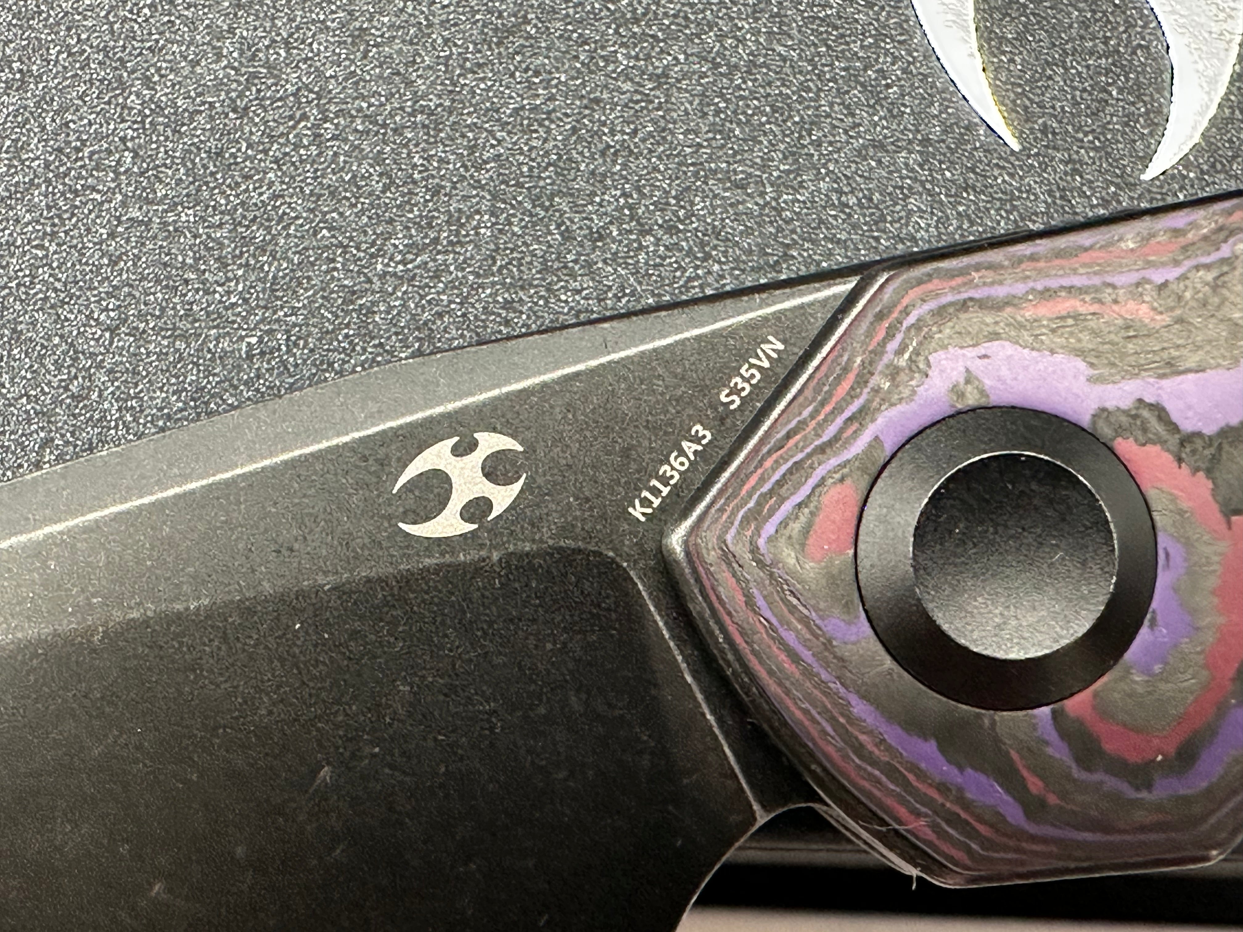 KANSEPT HALIDE FOLDING KNIFE PURPLE HAZE FATCARBON HANDLE S35VN PLAIN EDGE BLACKWASH FINISH