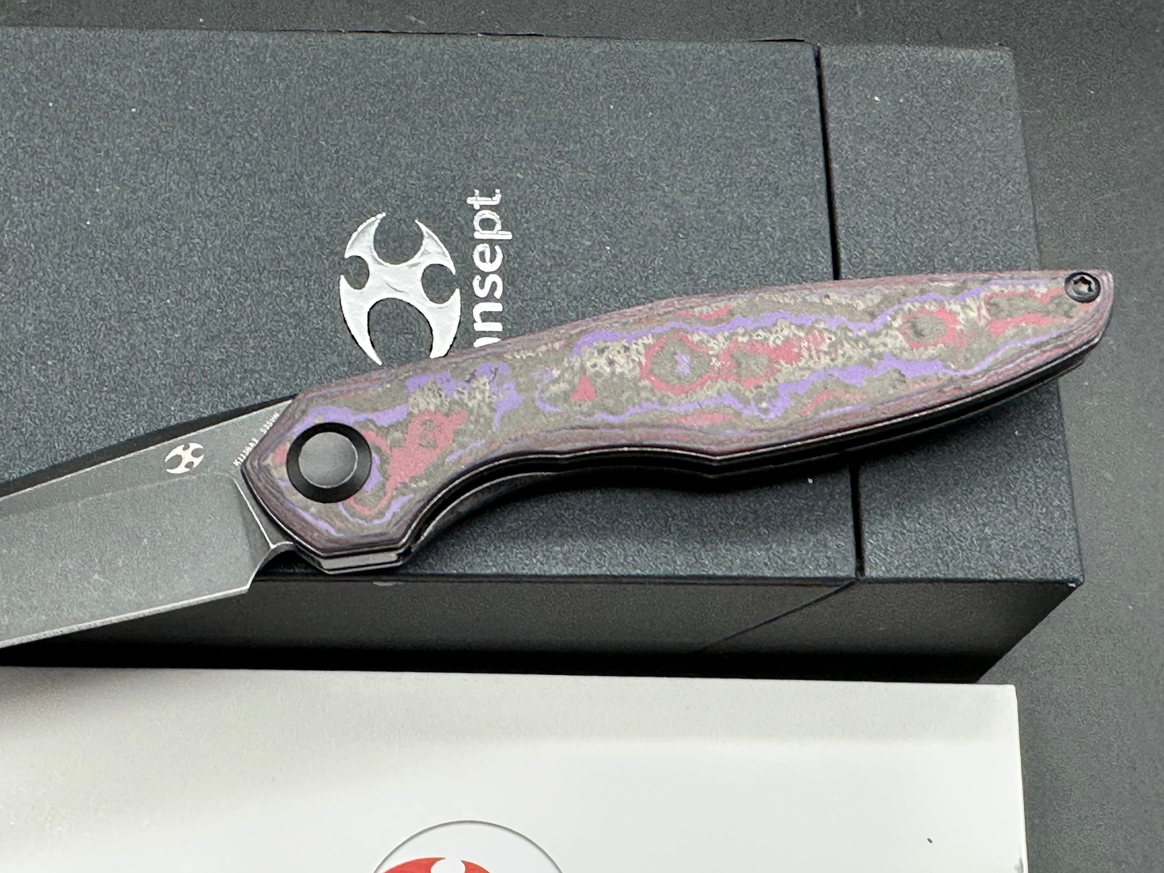 KANSEPT HALIDE FOLDING KNIFE PURPLE HAZE FATCARBON HANDLE S35VN PLAIN EDGE BLACKWASH FINISH