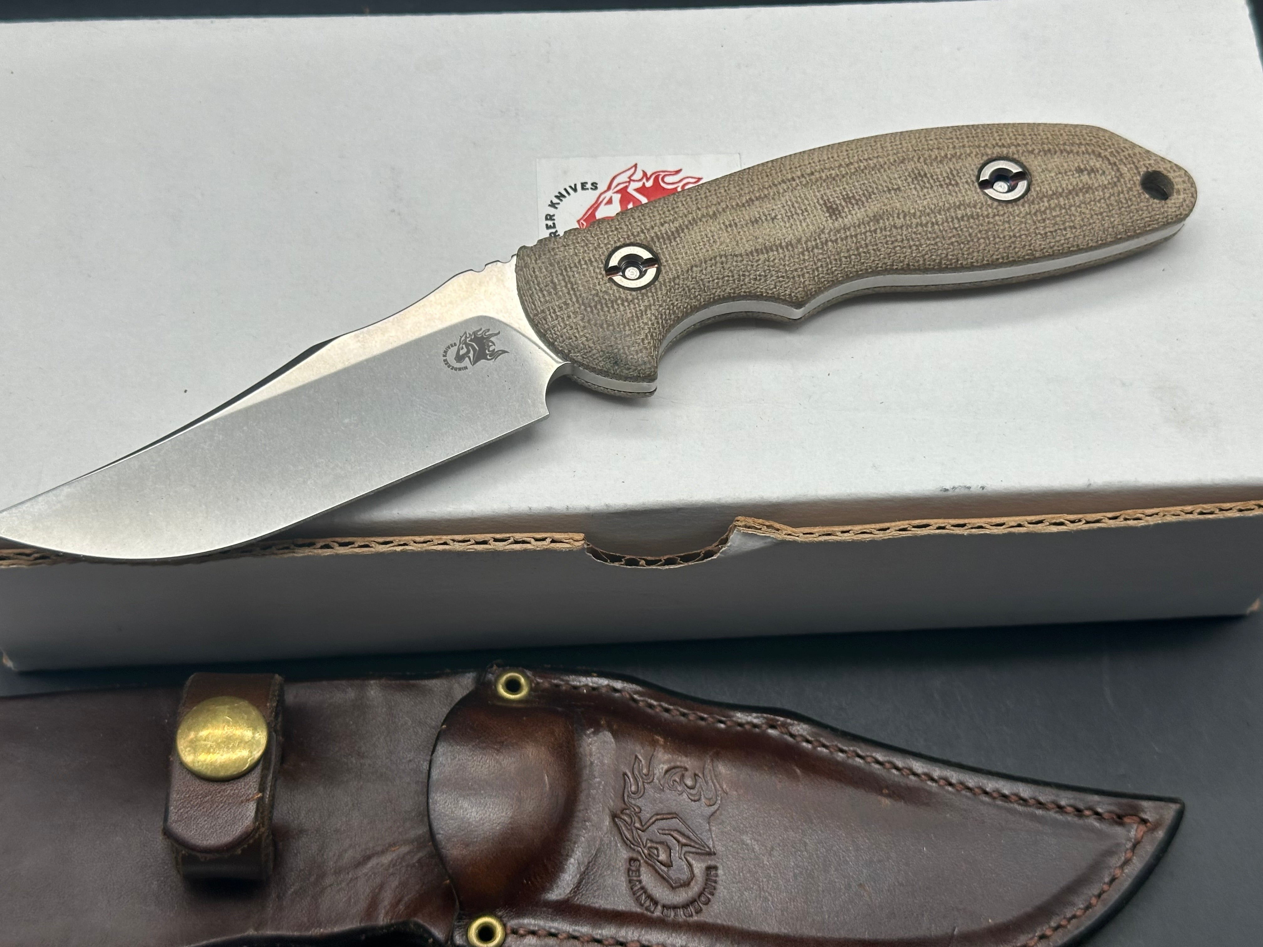 Hinderer Emmett Bowie Stonewashed 20CV Green Micarta Fixed Blade