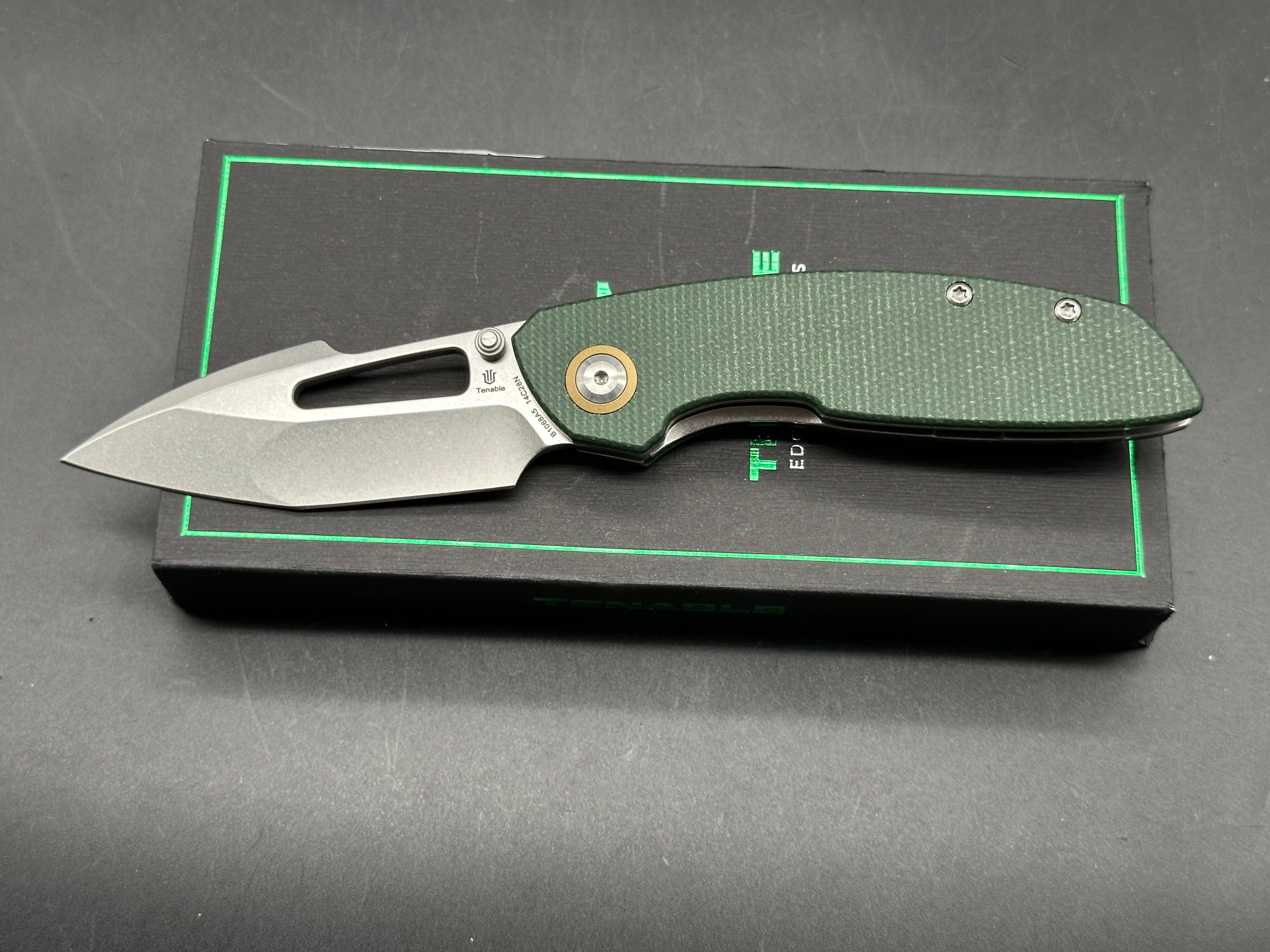 TENABLE LINK FOLDING KNIFE GREEN MICARTA HANDLE 14C28N HARPOON PLAIN EDGE STONEWASH FINISH