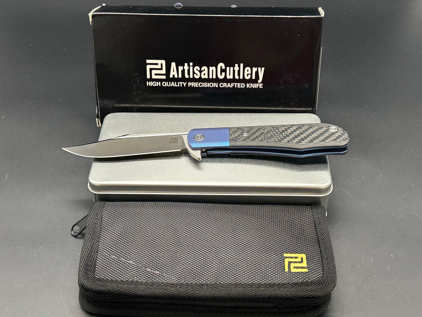 Artisan Cutlery D. Rocket "Hyperion" 4" Satin S35VN Clip point, Blue TI w/CF handles