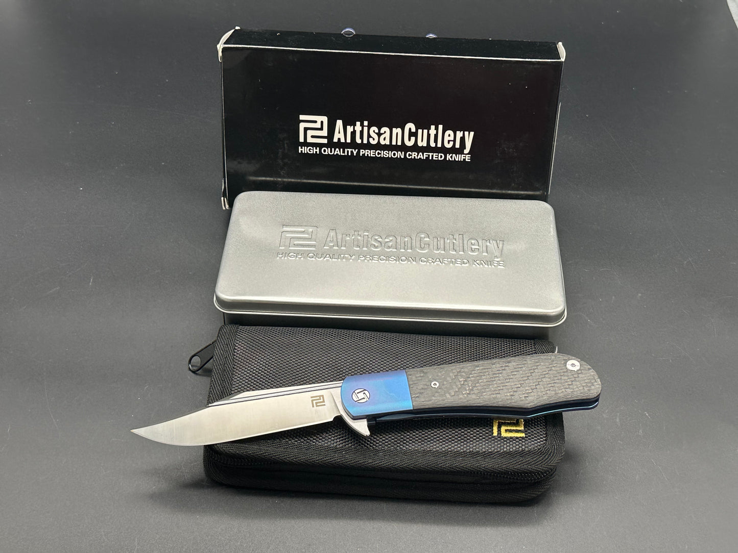 Artisan Cutlery D. Rocket "Hyperion" 4" Satin S35VN Clip point, Blue TI w/CF handles