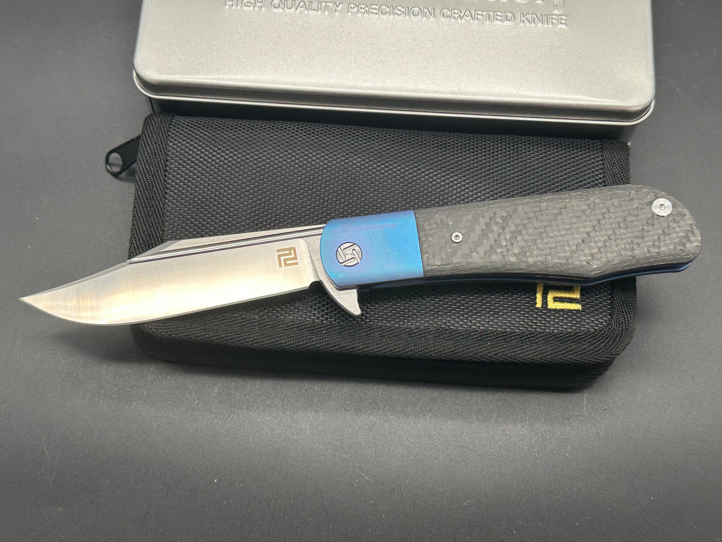 Artisan Cutlery D. Rocket "Hyperion" 4" Satin S35VN Clip point, Blue TI w/CF handles