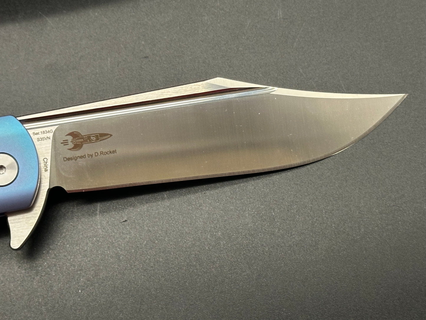 Artisan Cutlery D. Rocket "Hyperion" 4" Satin S35VN Clip point, Blue TI w/CF handles