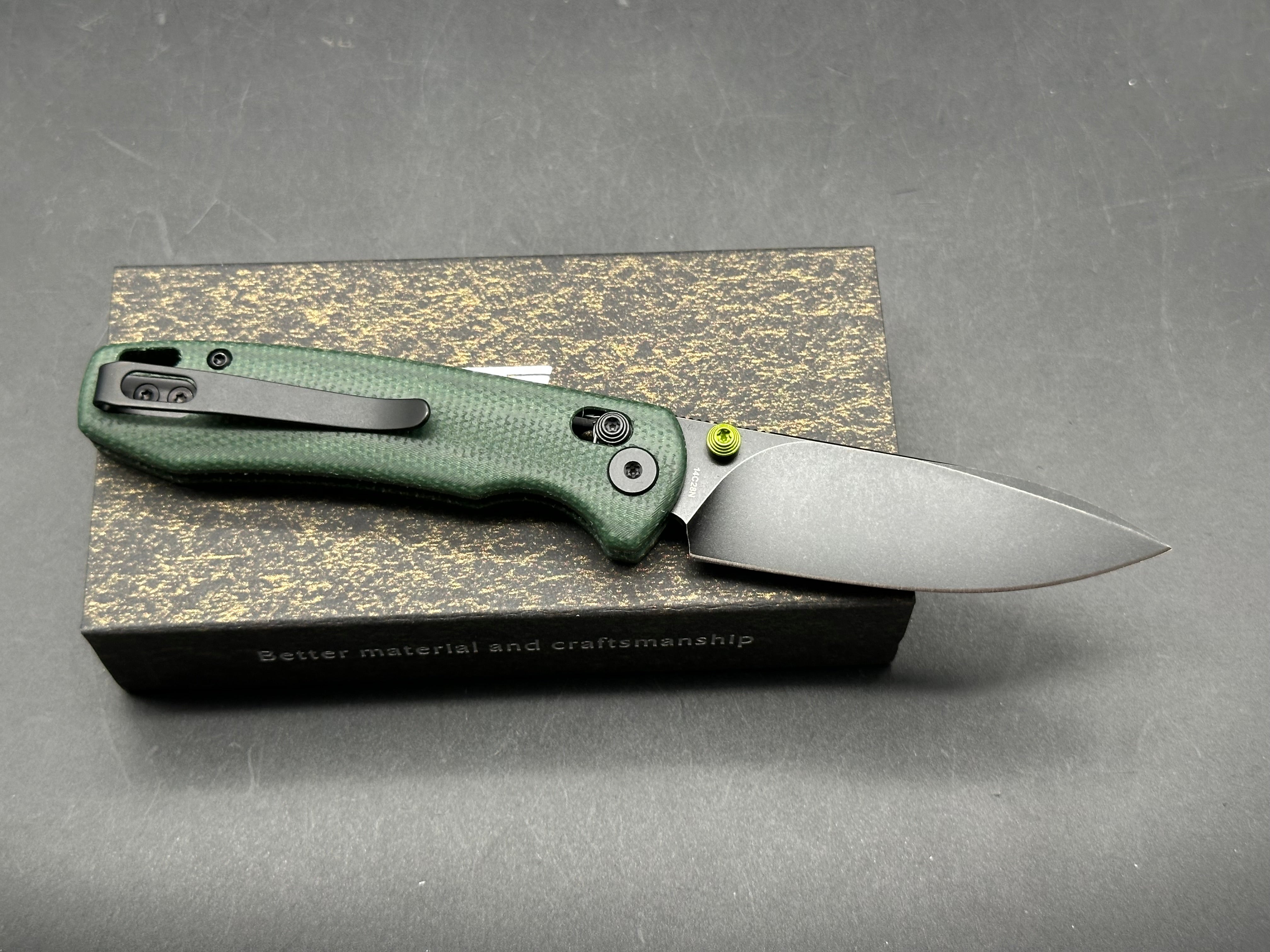 TRIVISA DRAGONFLY-GM JM03-GM-14 FOLDING KNIFE GREEN MICARTA HANDLE 14C28N DROP POINT PLAIN EDGE BLACK STONEWASH