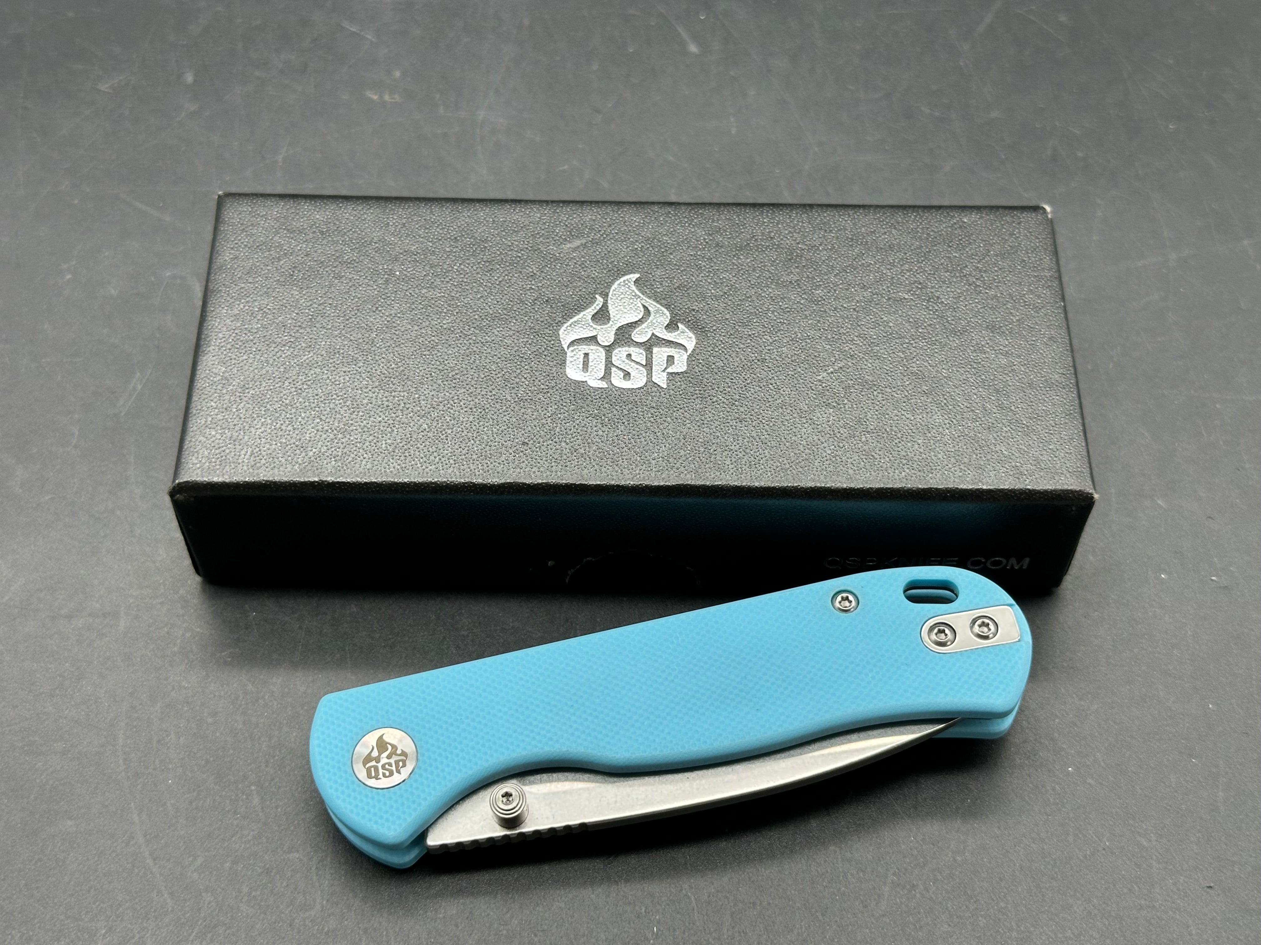 QSP FERRET FOLDING KNIFE SKY BLUE G10 HANDLE NITRO-V CLIP POINT PLAIN EDGE STONEWASH