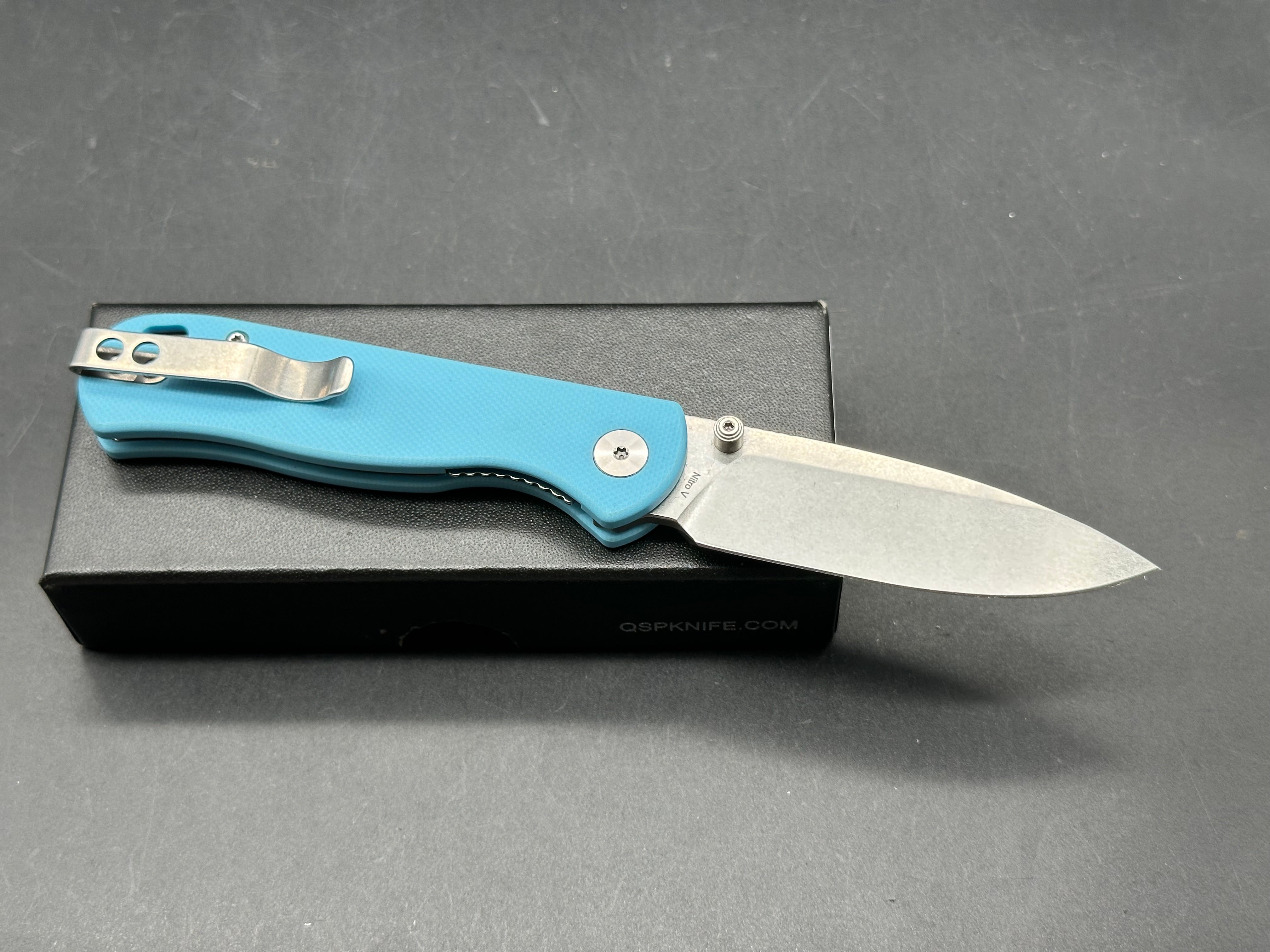 QSP FERRET FOLDING KNIFE SKY BLUE G10 HANDLE NITRO-V CLIP POINT PLAIN EDGE STONEWASH