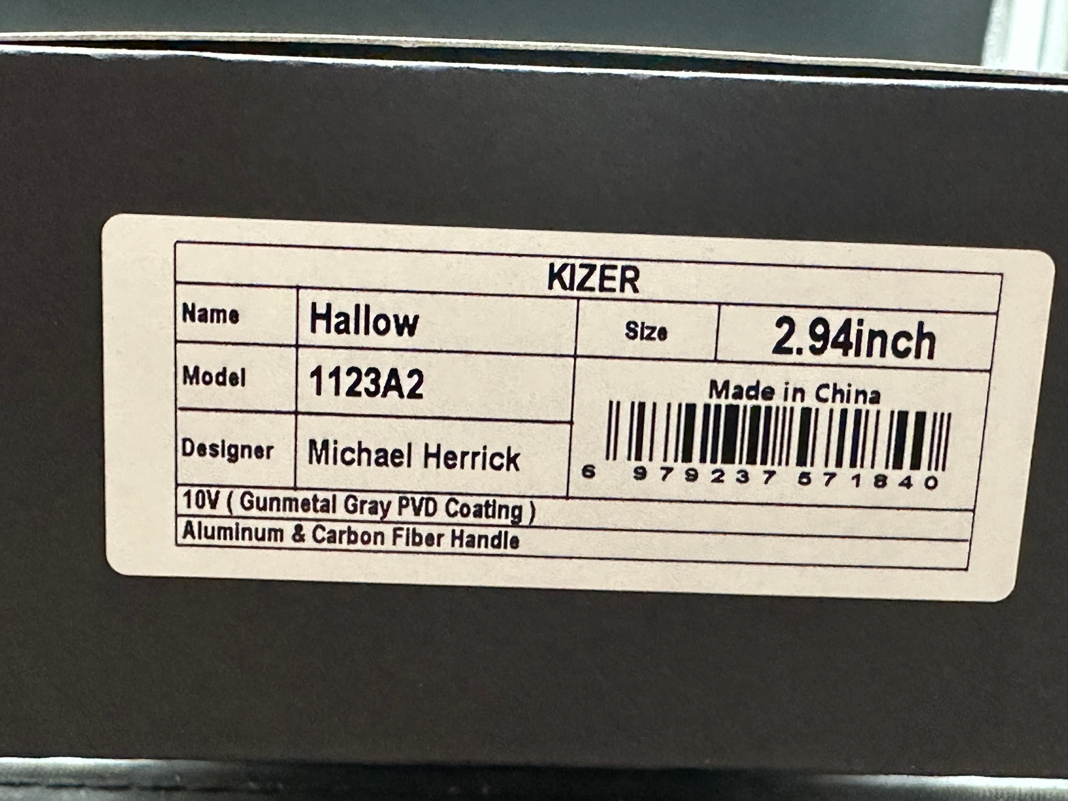KIZER HALLOW FIXED BLADE KNIFE ALUMINUM/CARBON FIBER HANDLE 10V REVERSE TANTO PLAIN GUNMETAL GRAY PVD