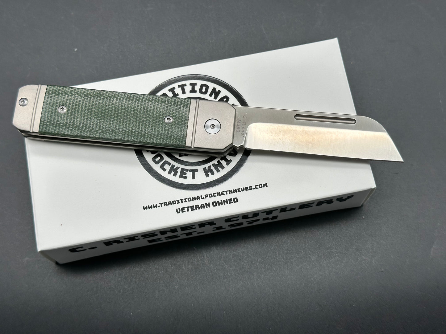 C. Risner/QSP Ohio River Jack Slip Joint, 3" M390 Blade with Titanium and Green Micarta Handle