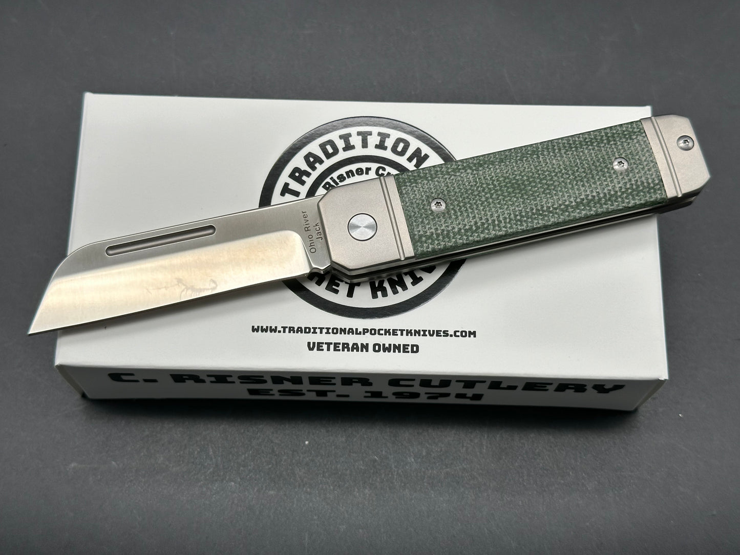 C. Risner/QSP Ohio River Jack Slip Joint, 3" M390 Blade with Titanium and Green Micarta Handle