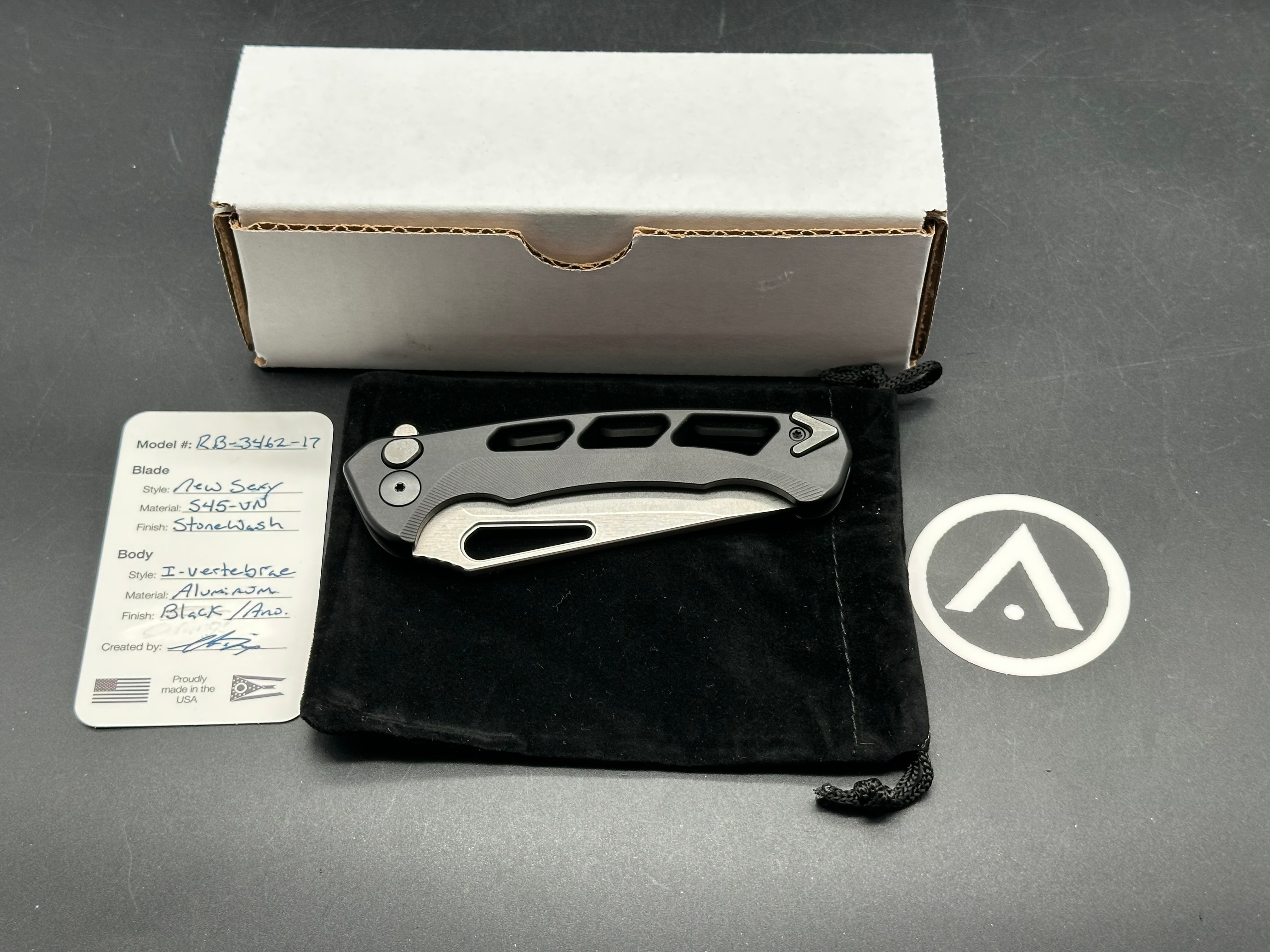 Dead Reckon Knives Ridgeback Integral Vertebrae, 3.42" CPM S45VN Stonewash Modified Clip Point Blade with Black Integral Vertebrae Aluminum Scale