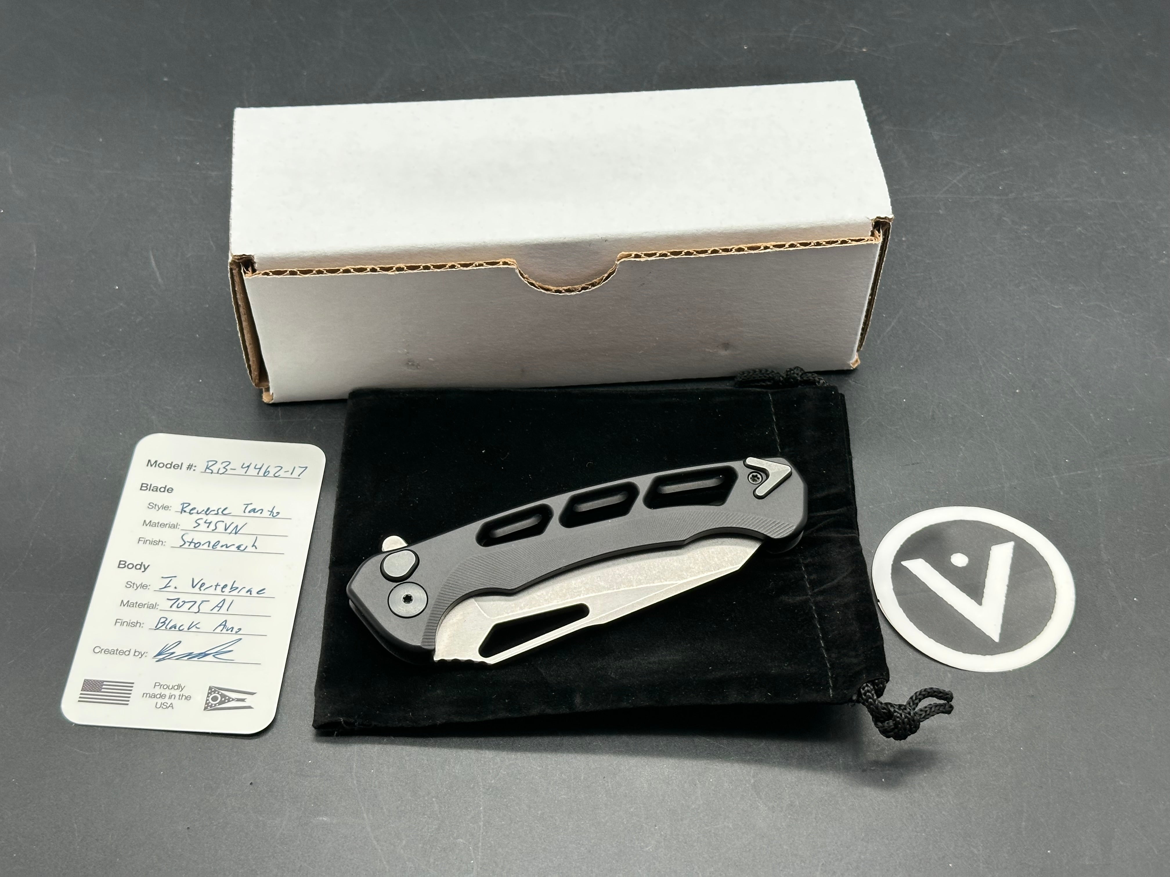 Dead Reckon Knives Ridgeback Integral Vertebrae, 3.42" CPM S45VN Stonewash Reverse Tanto Blade with Black Integral Vertebrae Aluminum Scale