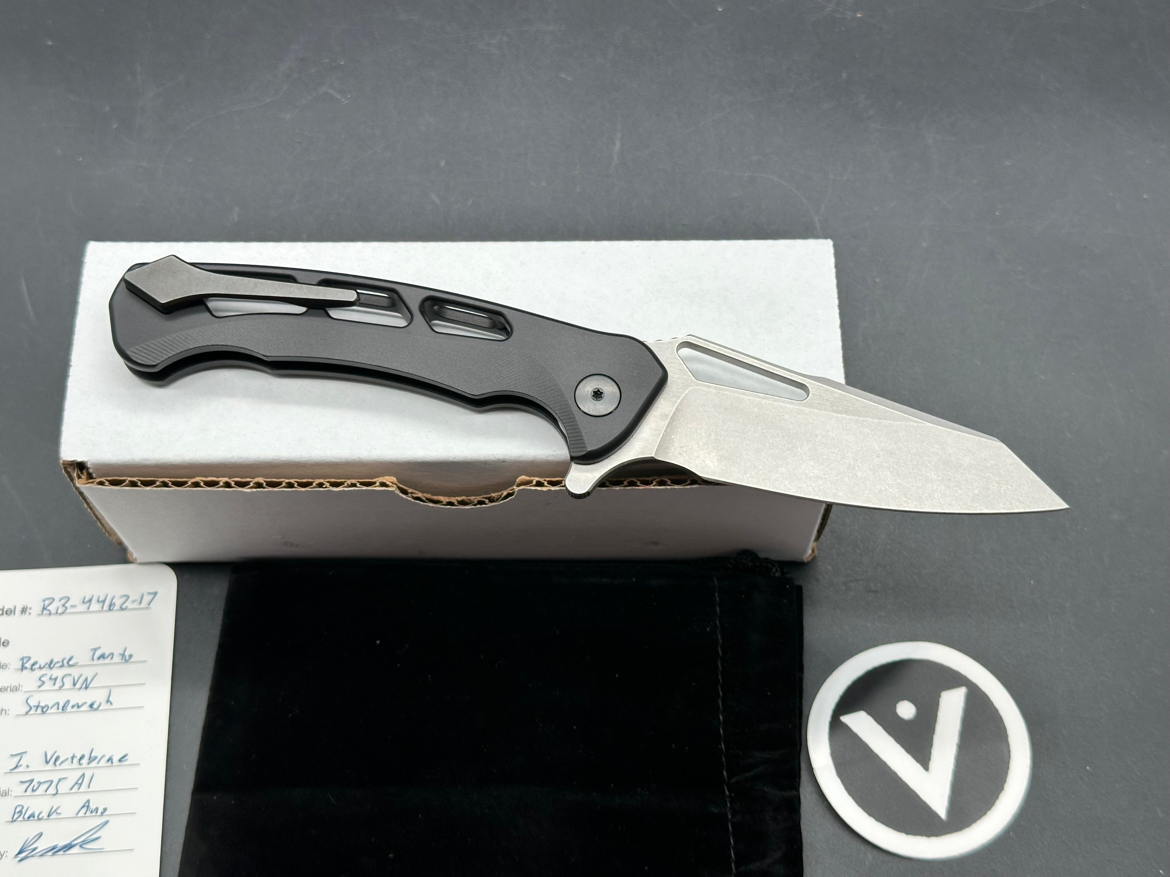 Dead Reckon Knives Ridgeback Integral Vertebrae, 3.42" CPM S45VN Stonewash Reverse Tanto Blade with Black Integral Vertebrae Aluminum Scale