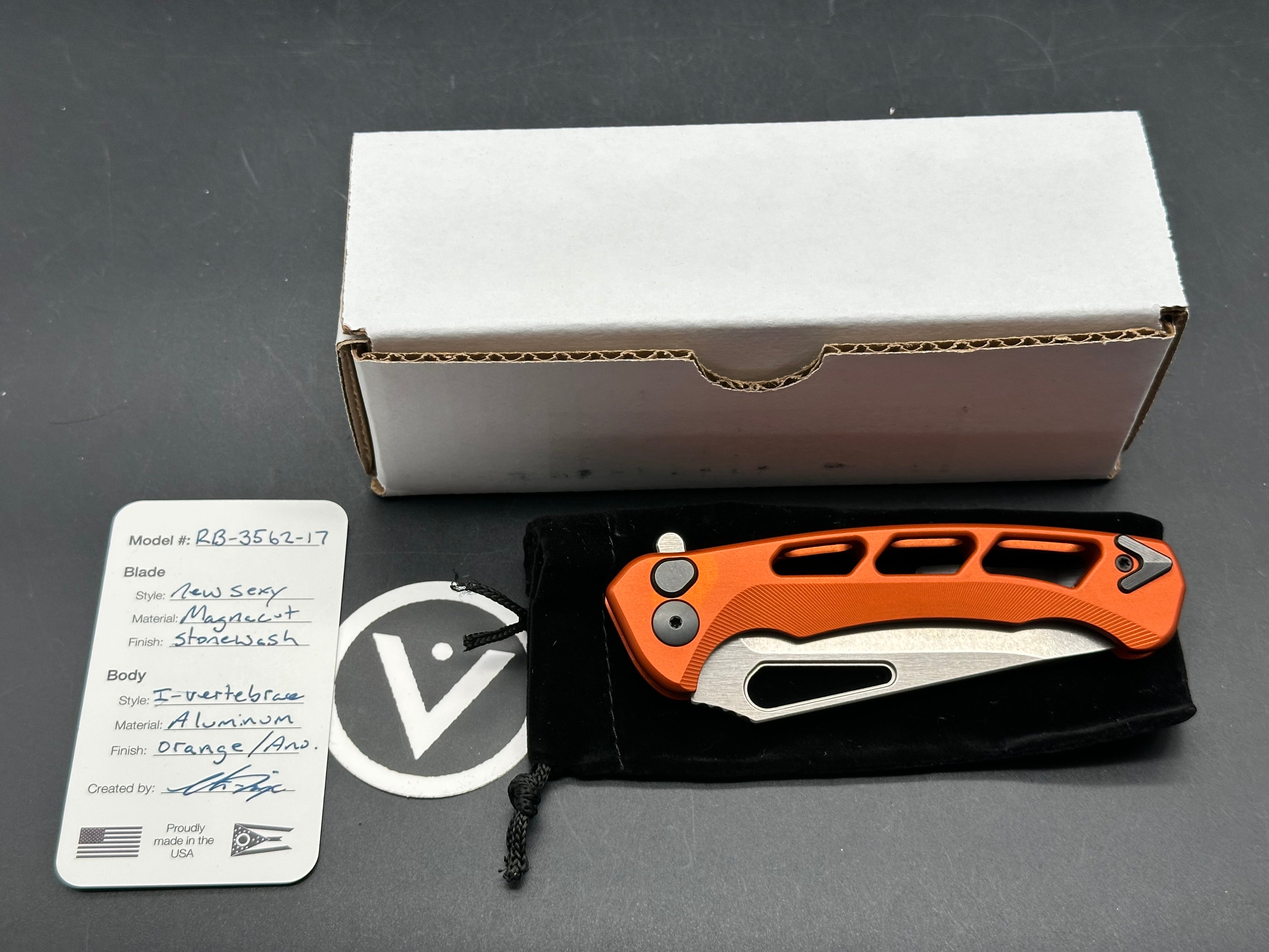 Dead Reckon Knives Ridgeback Integral Vertebrae, 3.42" CPM MagnaCut Stonewash Modified Clip Point Blade with Orange Integral Vertebrae Aluminum Scale