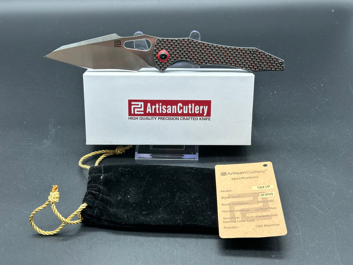 ARTISAN CUTLERY GREAT WHITE FOLDING KNIFE BLACK & RED CARBON FIBER