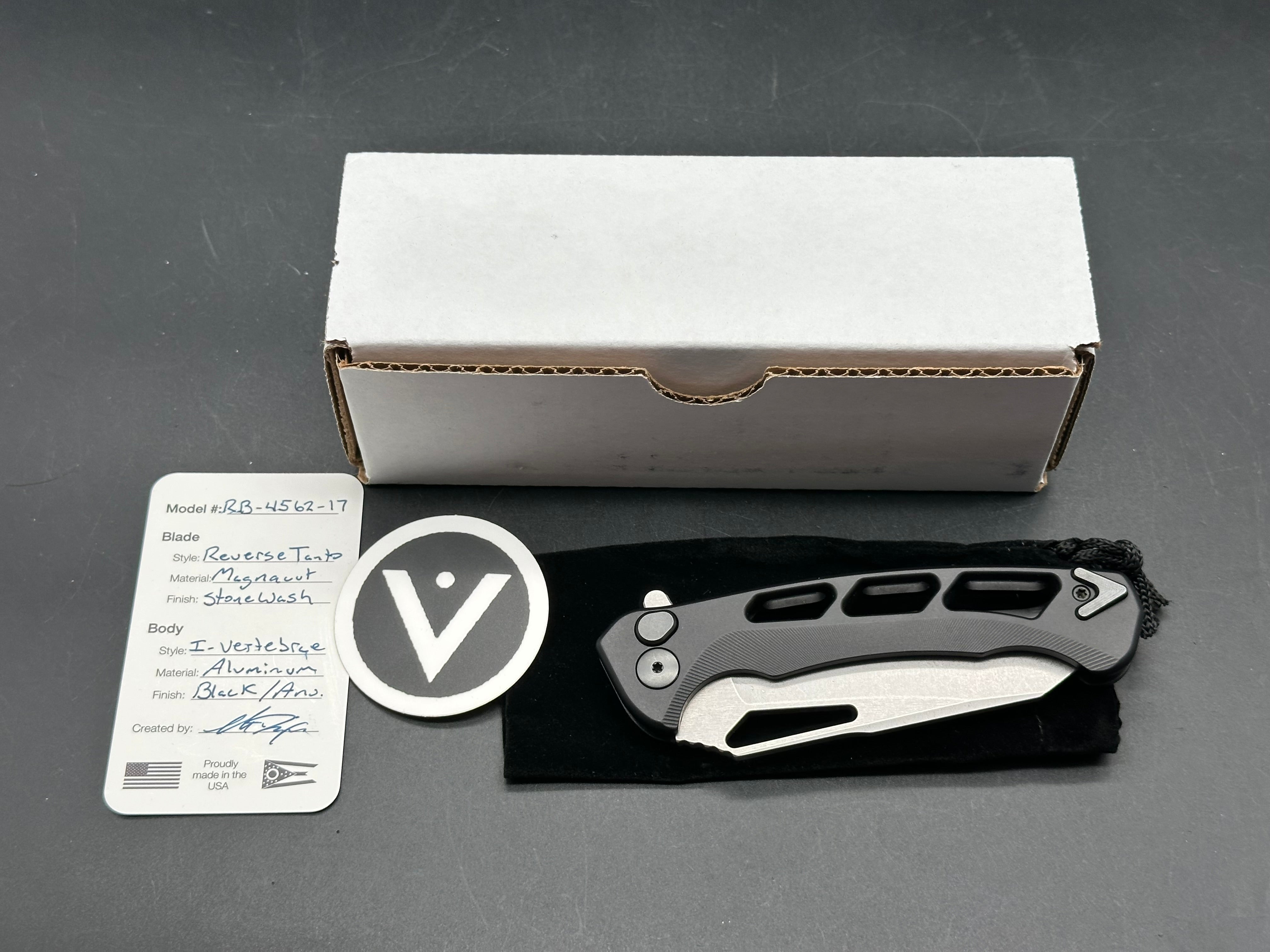 Dead Reckon Knives Ridgeback Integral Vertebrae, 3.42" CPM MagnaCut Stonewash Reverse Tanto Blade with Black Integral Vertebrae Aluminum Scale