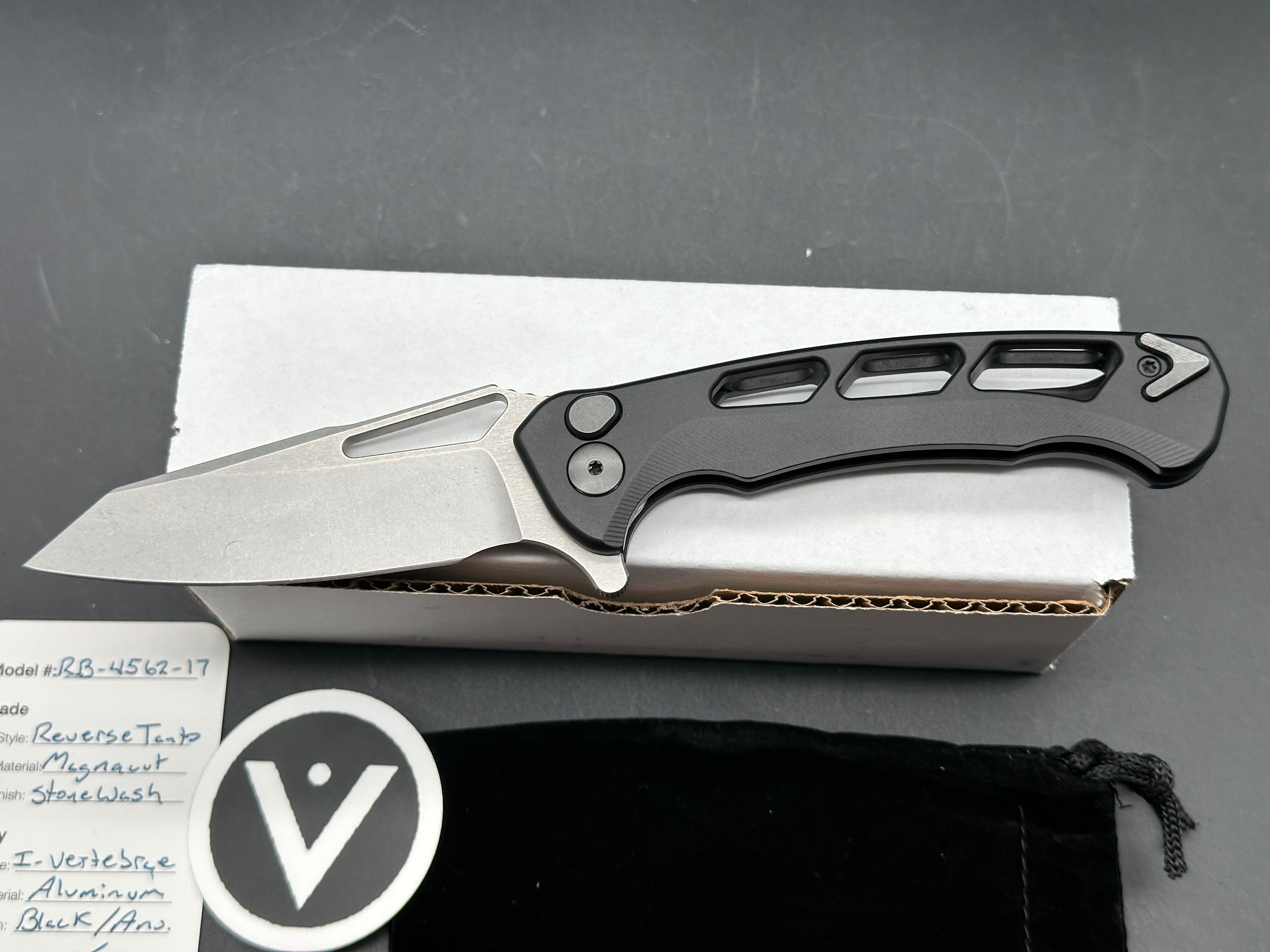 Dead Reckon Knives Ridgeback Integral Vertebrae, 3.42" CPM MagnaCut Stonewash Reverse Tanto Blade with Black Integral Vertebrae Aluminum Scale