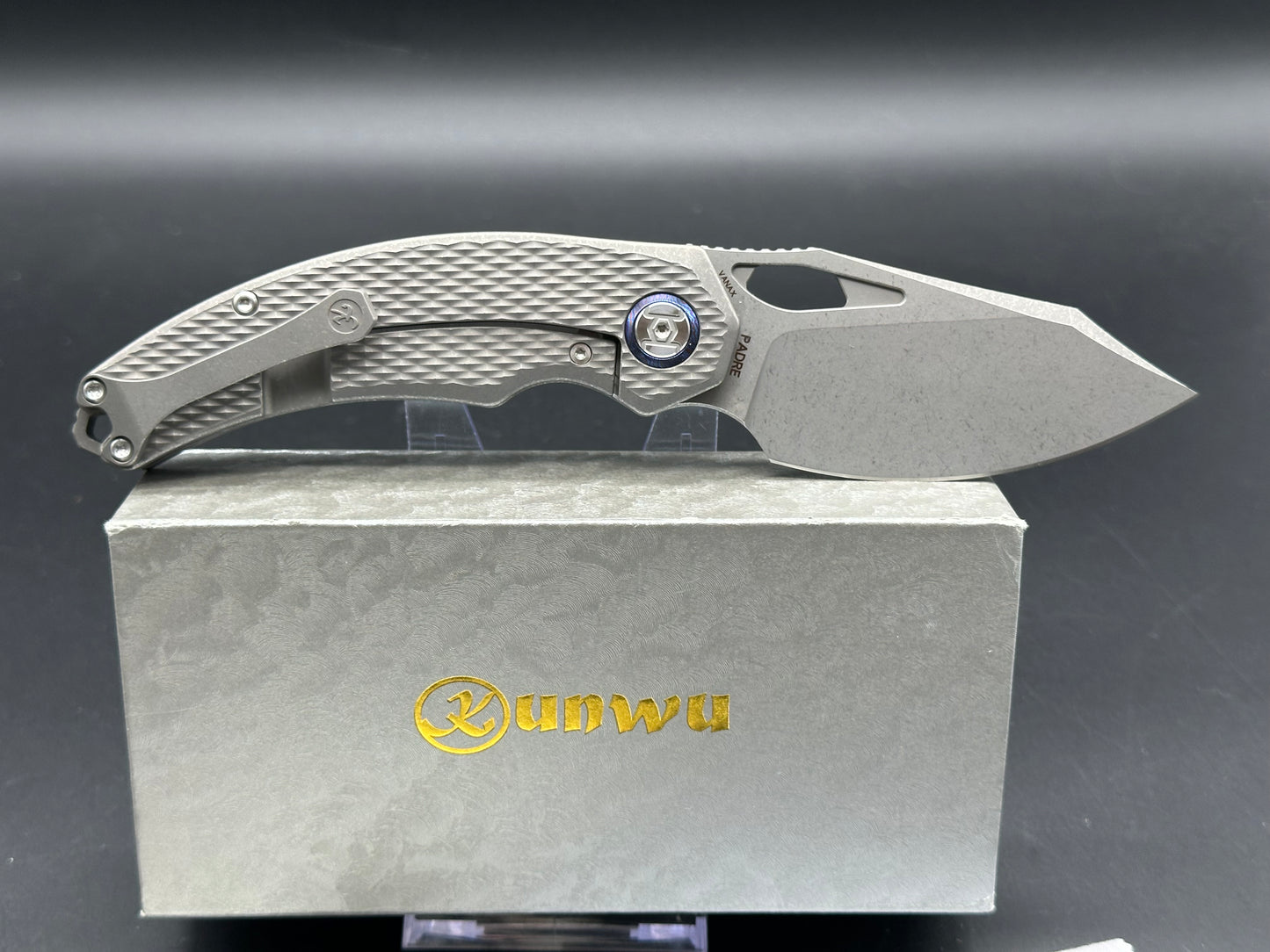 Kunwu Knives Padre Vanax Frame Lock Knife Stonewash Titanium (3.4" SW)