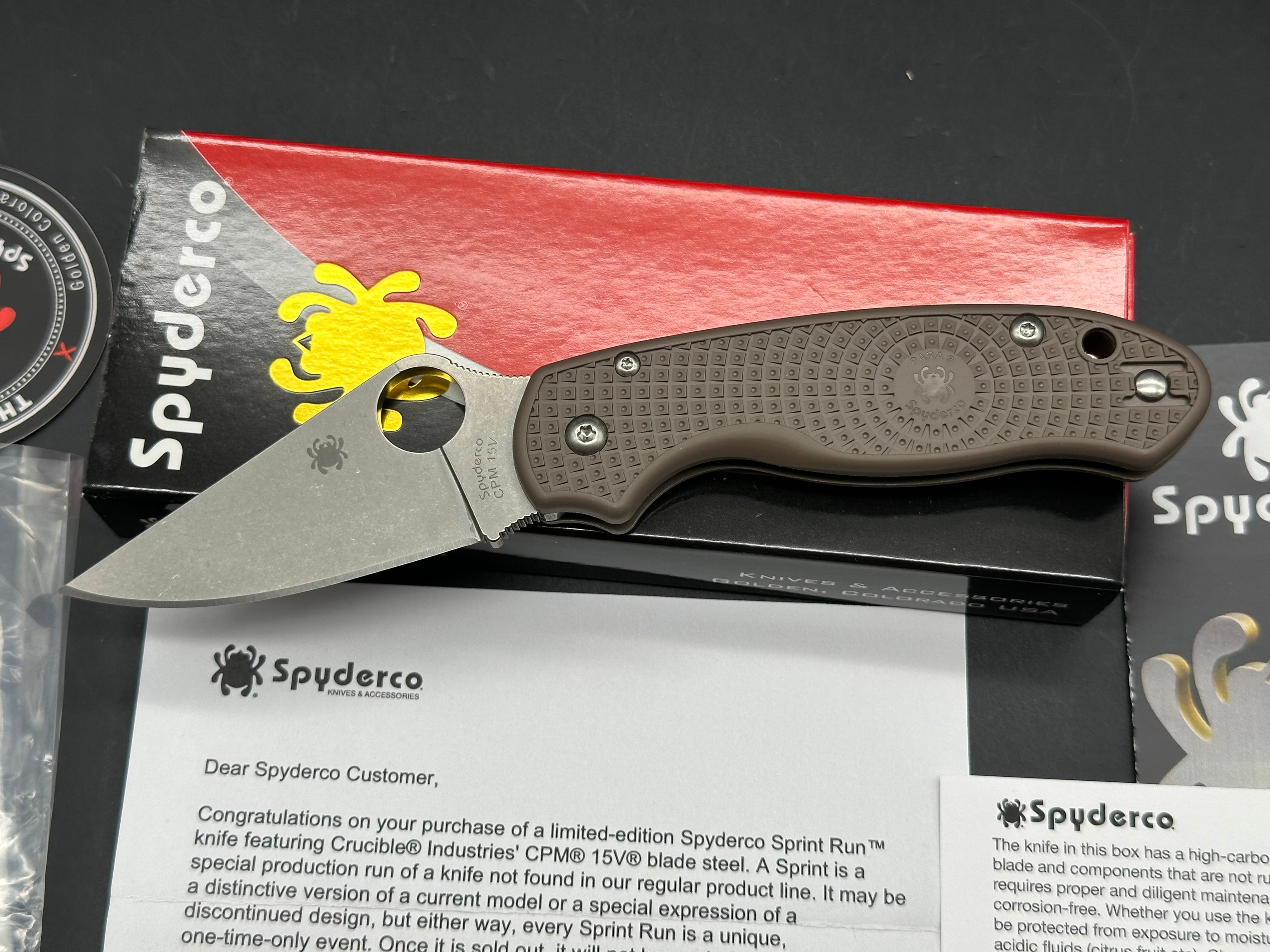 Spyderco Para 3 Lightweight (Sprint Run), 2.93" CPM 15V Stonewash Blade with Brown FRN Scales