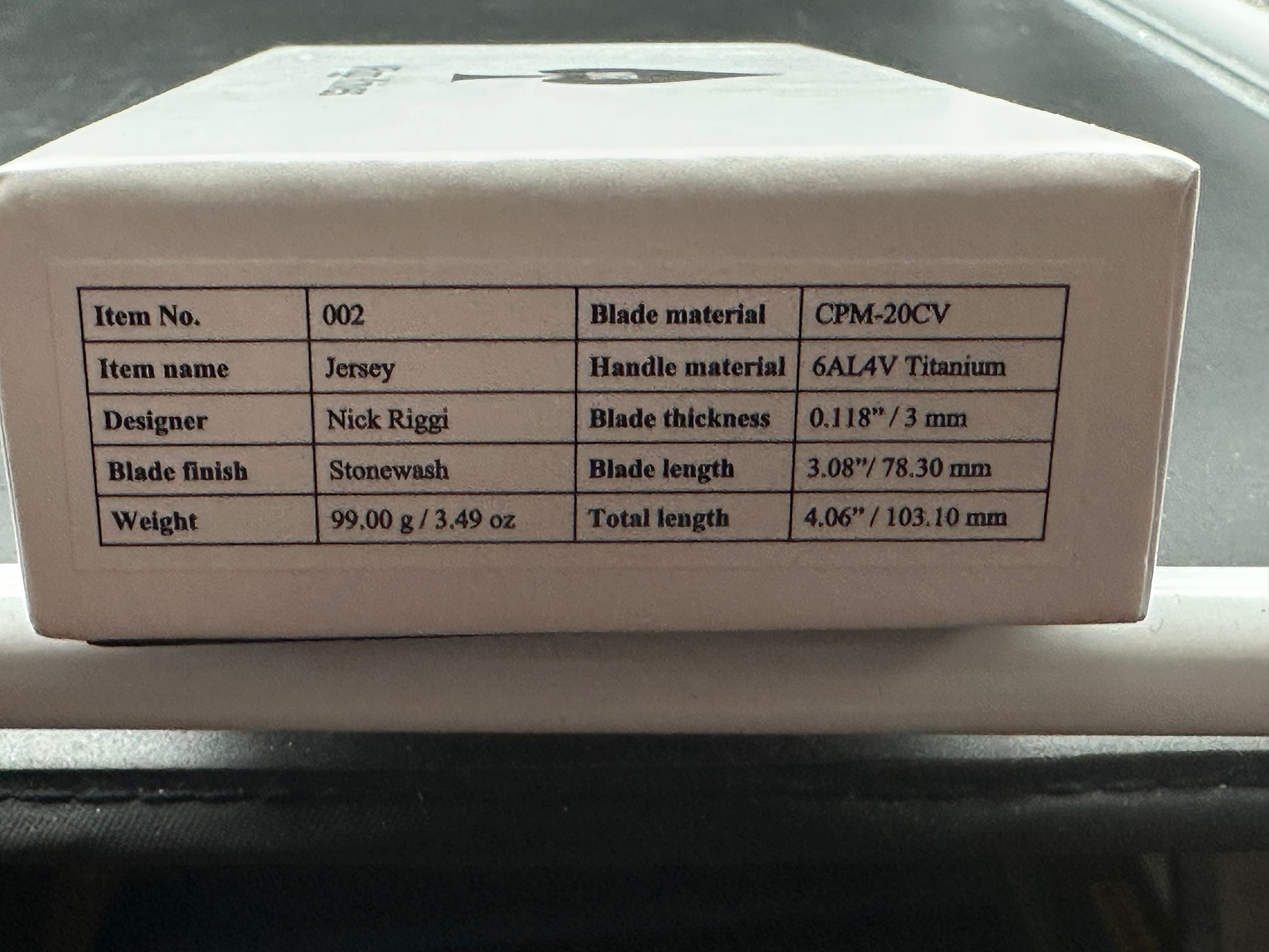 NRiggi Knives "JERSEY" Laser Engraved Titanium Scales w/CPM 20CV stonewashed blade
