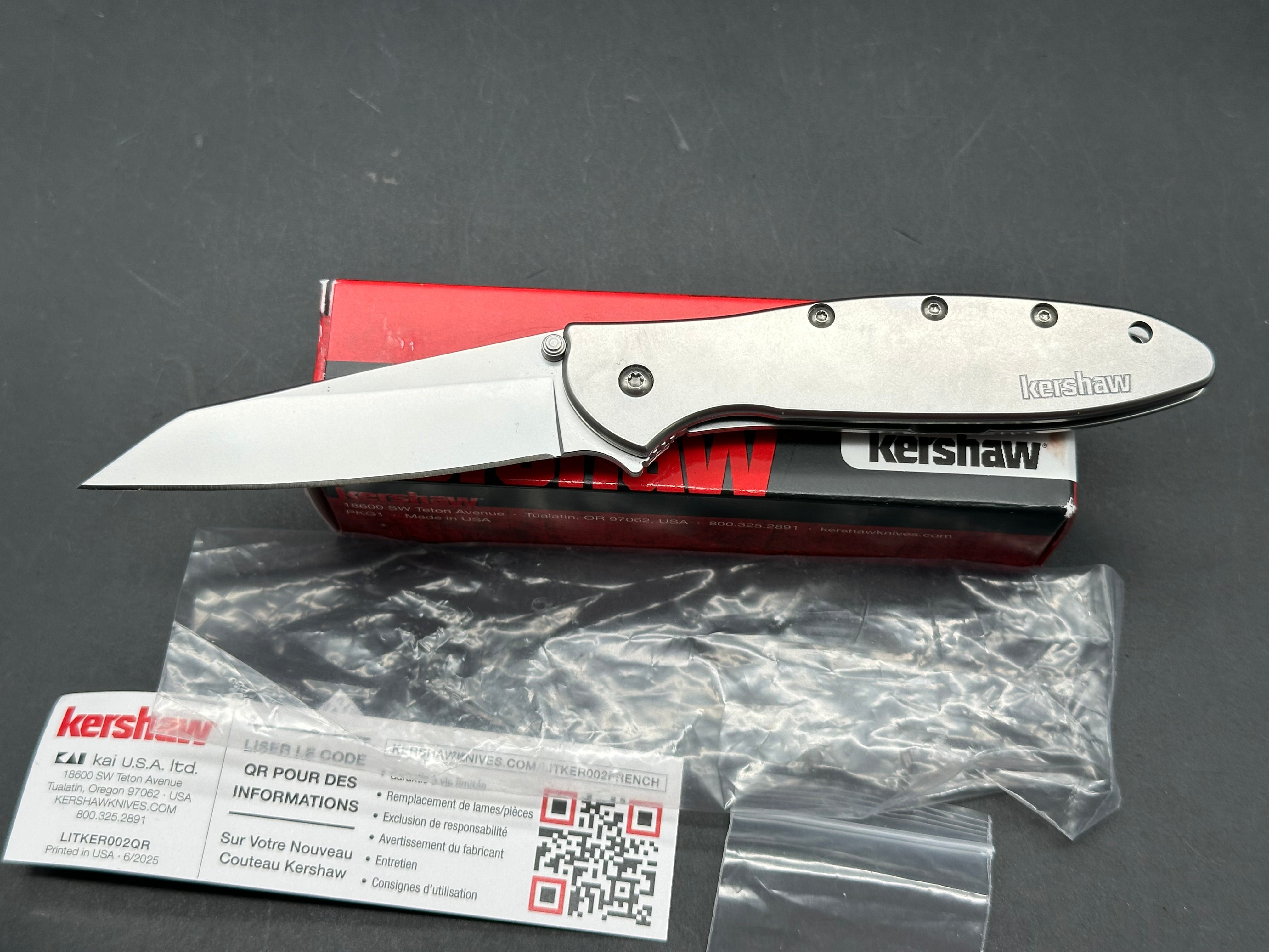 Kershaw Random Leek, 3" 14C28N Bead Blasted Reverse Tanto Blade with Bead Blasted 410 Stainless Steel Frame Lock Scales